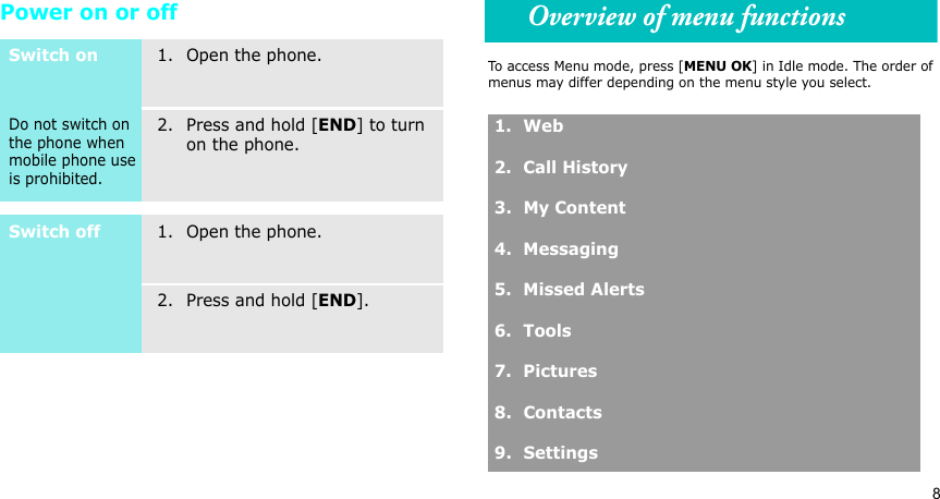 8Power on or offSwitch onDo not switch on the phone when mobile phone use is prohibited.1. Open the phone.2. Press and hold [END] to turn on the phone.Switch off1. Open the phone.2. Press and hold [END].1. Web2. Call History3. My Content4. Messaging5. Missed Alerts6. Tools7. Pictures8. Contacts9. SettingsOverview of menu functionsTo access Menu mode, press [MENU OK] in Idle mode. The order of menus may differ depending on the menu style you select. 