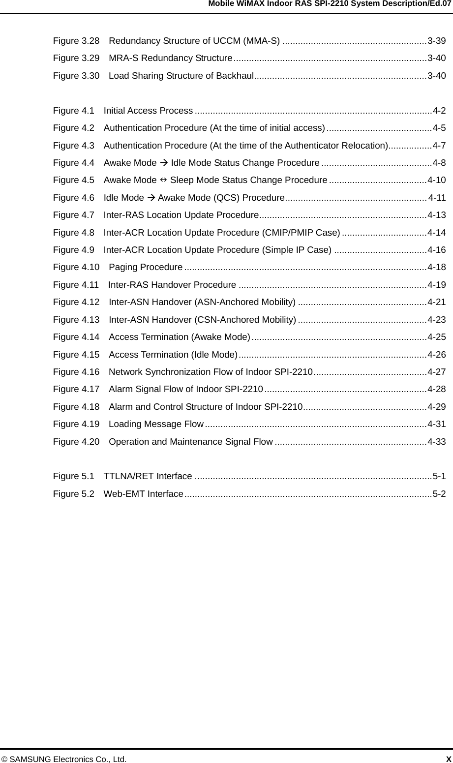   Mobile WiMAX Indoor RAS SPI-2210 System Description/Ed.07 © SAMSUNG Electronics Co., Ltd.  X Figure 3.28  Redundancy Structure of UCCM (MMA-S) ........................................................3-39 Figure 3.29    MRA-S Redundancy Structure...........................................................................3-40 Figure 3.30  Load Sharing Structure of Backhaul...................................................................3-40  Figure 4.1  Initial Access Process ............................................................................................4-2 Figure 4.2    Authentication Procedure (At the time of initial access) .........................................4-5 Figure 4.3    Authentication Procedure (At the time of the Authenticator Relocation).................4-7 Figure 4.4    Awake Mode Æ Idle Mode Status Change Procedure ...........................................4-8 Figure 4.5    Awake Mode Q Sleep Mode Status Change Procedure ......................................4-10 Figure 4.6  Idle Mode Æ Awake Mode (QCS) Procedure.......................................................4-11 Figure 4.7  Inter-RAS Location Update Procedure.................................................................4-13 Figure 4.8  Inter-ACR Location Update Procedure (CMIP/PMIP Case) .................................4-14 Figure 4.9  Inter-ACR Location Update Procedure (Simple IP Case) ....................................4-16 Figure 4.10  Paging Procedure ..............................................................................................4-18 Figure 4.11  Inter-RAS Handover Procedure .........................................................................4-19 Figure 4.12  Inter-ASN Handover (ASN-Anchored Mobility) ..................................................4-21 Figure 4.13  Inter-ASN Handover (CSN-Anchored Mobility) ..................................................4-23 Figure 4.14    Access Termination (Awake Mode)....................................................................4-25 Figure 4.15    Access Termination (Idle Mode).........................................................................4-26 Figure 4.16  Network Synchronization Flow of Indoor SPI-2210............................................4-27 Figure 4.17    Alarm Signal Flow of Indoor SPI-2210...............................................................4-28 Figure 4.18    Alarm and Control Structure of Indoor SPI-2210................................................4-29 Figure 4.19  Loading Message Flow......................................................................................4-31 Figure 4.20    Operation and Maintenance Signal Flow ...........................................................4-33  Figure 5.1  TTLNA/RET Interface ............................................................................................5-1 Figure 5.2  Web-EMT Interface................................................................................................5-2  