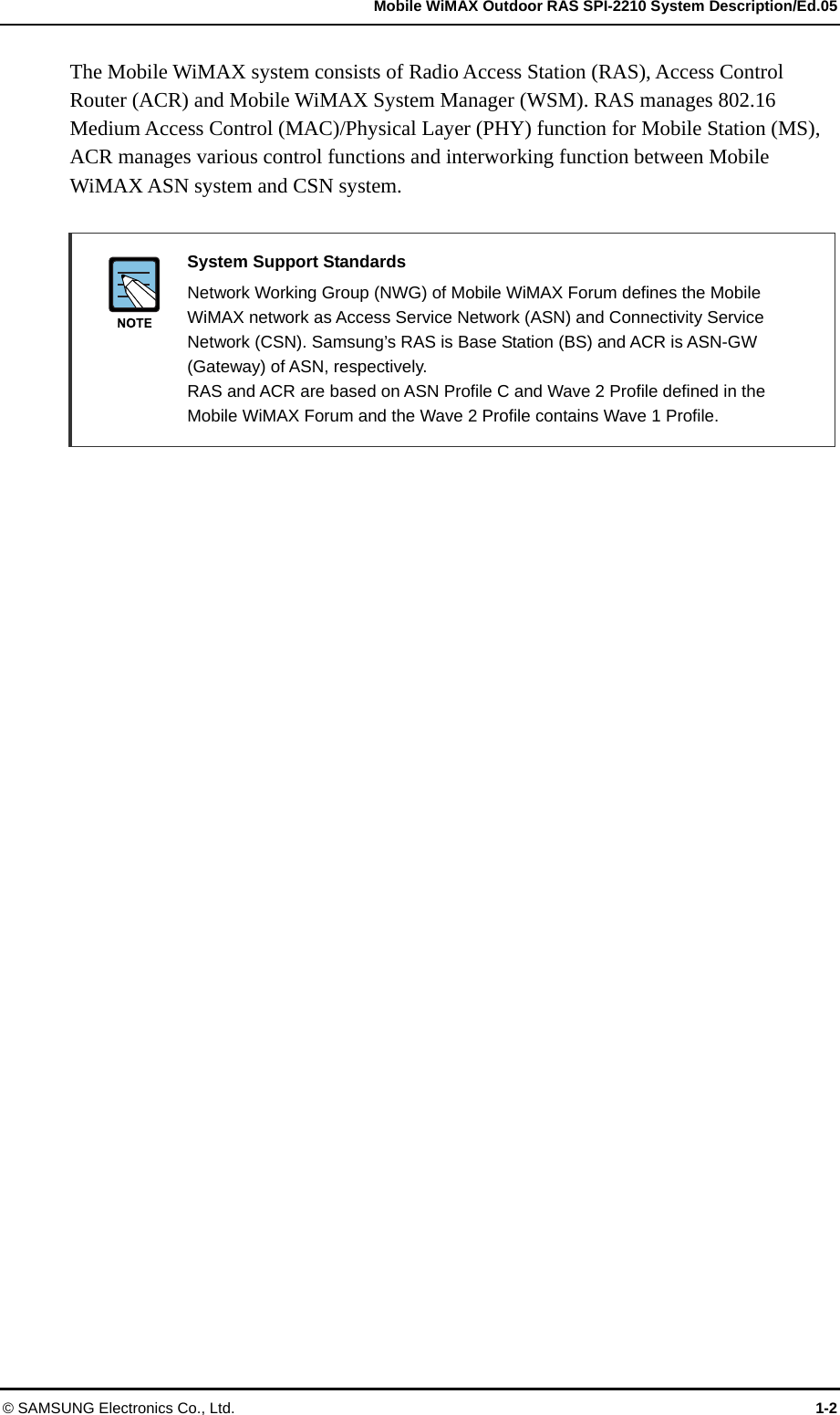   Mobile WiMAX Outdoor RAS SPI-2210 System Description/Ed.05 © SAMSUNG Electronics Co., Ltd.  1-2 The Mobile WiMAX system consists of Radio Access Station (RAS), Access Control Router (ACR) and Mobile WiMAX System Manager (WSM). RAS manages 802.16 Medium Access Control (MAC)/Physical Layer (PHY) function for Mobile Station (MS), ACR manages various control functions and interworking function between Mobile WiMAX ASN system and CSN system.   System Support Standards   Network Working Group (NWG) of Mobile WiMAX Forum defines the Mobile WiMAX network as Access Service Network (ASN) and Connectivity Service Network (CSN). Samsung’s RAS is Base Station (BS) and ACR is ASN-GW (Gateway) of ASN, respectively. RAS and ACR are based on ASN Profile C and Wave 2 Profile defined in the Mobile WiMAX Forum and the Wave 2 Profile contains Wave 1 Profile.  