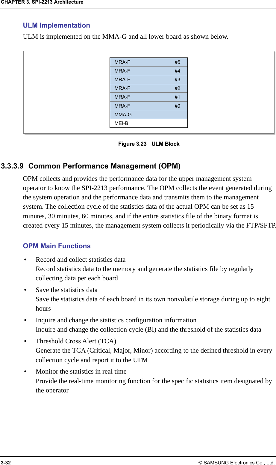 CHAPTER 3. SPI-2213 Architecture 3-32 © SAMSUNG Electronics Co., Ltd. ULM Implementation ULM is implemented on the MMA-G and all lower board as shown below.  Figure 3.23    ULM Block  3.3.3.9  Common Performance Management (OPM) OPM collects and provides the performance data for the upper management system operator to know the SPI-2213 performance. The OPM collects the event generated during the system operation and the performance data and transmits them to the management system. The collection cycle of the statistics data of the actual OPM can be set as 15 minutes, 30 minutes, 60 minutes, and if the entire statistics file of the binary format is created every 15 minutes, the management system collects it periodically via the FTP/SFTP.  OPM Main Functions y Record and collect statistics data Record statistics data to the memory and generate the statistics file by regularly collecting data per each board y Save the statistics data Save the statistics data of each board in its own nonvolatile storage during up to eight hours y Inquire and change the statistics configuration information Inquire and change the collection cycle (BI) and the threshold of the statistics data y Threshold Cross Alert (TCA) Generate the TCA (Critical, Major, Minor) according to the defined threshold in every collection cycle and report it to the UFM y Monitor the statistics in real time Provide the real-time monitoring function for the specific statistics item designated by the operator  MRA-F #5 MRA-F #4 MRA-F #3 MRA-F #2 MRA-F #1 MRA-F #0 MMA-G MEI-B