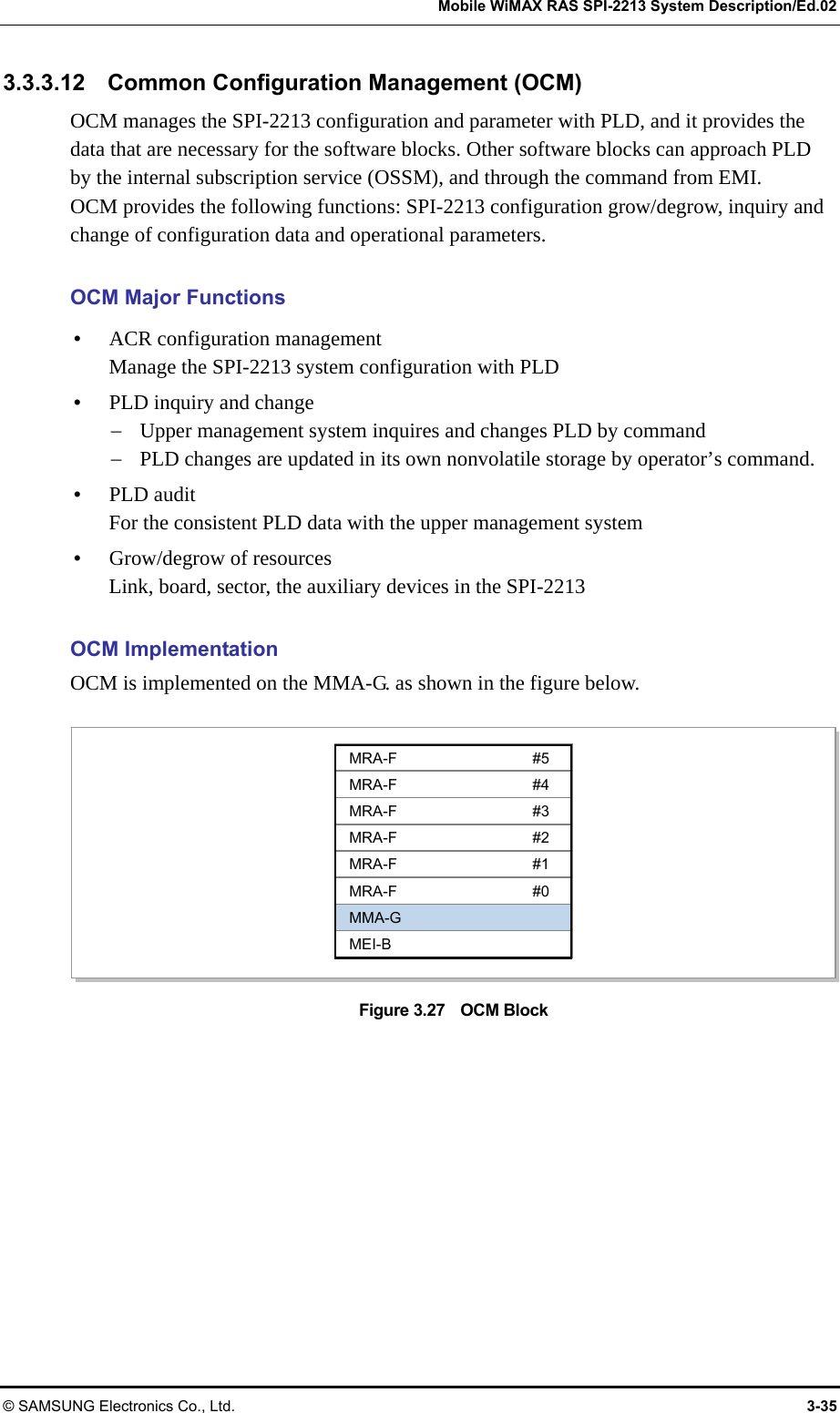   Mobile WiMAX RAS SPI-2213 System Description/Ed.02 © SAMSUNG Electronics Co., Ltd.  3-35 3.3.3.12    Common Configuration Management (OCM) OCM manages the SPI-2213 configuration and parameter with PLD, and it provides the data that are necessary for the software blocks. Other software blocks can approach PLD by the internal subscription service (OSSM), and through the command from EMI.   OCM provides the following functions: SPI-2213 configuration grow/degrow, inquiry and change of configuration data and operational parameters.  OCM Major Functions y ACR configuration management Manage the SPI-2213 system configuration with PLD y PLD inquiry and change − Upper management system inquires and changes PLD by command − PLD changes are updated in its own nonvolatile storage by operator’s command. y PLD audit For the consistent PLD data with the upper management system y Grow/degrow of resources Link, board, sector, the auxiliary devices in the SPI-2213  OCM Implementation OCM is implemented on the MMA-G. as shown in the figure below.  Figure 3.27    OCM Block  MRA-F #5 MRA-F #4 MRA-F #3 MRA-F #2 MRA-F #1 MRA-F #0 MMA-G MEI-B