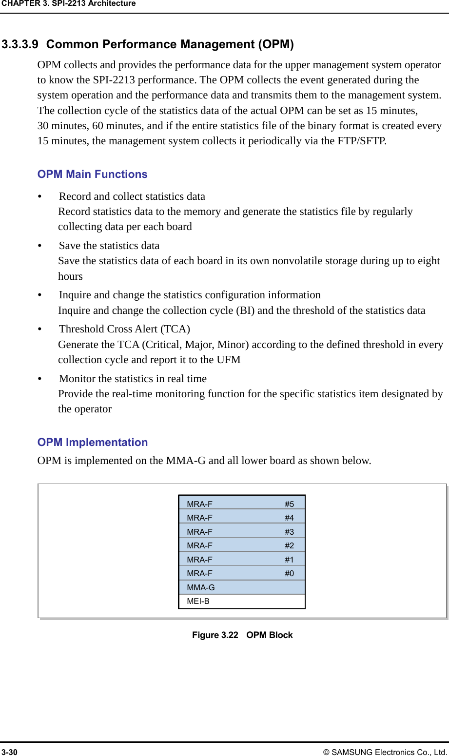 CHAPTER 3. SPI-2213 Architecture 3-30 © SAMSUNG Electronics Co., Ltd. 3.3.3.9  Common Performance Management (OPM) OPM collects and provides the performance data for the upper management system operator to know the SPI-2213 performance. The OPM collects the event generated during the system operation and the performance data and transmits them to the management system. The collection cycle of the statistics data of the actual OPM can be set as 15 minutes,   30 minutes, 60 minutes, and if the entire statistics file of the binary format is created every 15 minutes, the management system collects it periodically via the FTP/SFTP.  OPM Main Functions  Record and collect statistics data Record statistics data to the memory and generate the statistics file by regularly collecting data per each board  Save the statistics data Save the statistics data of each board in its own nonvolatile storage during up to eight hours  Inquire and change the statistics configuration information Inquire and change the collection cycle (BI) and the threshold of the statistics data  Threshold Cross Alert (TCA) Generate the TCA (Critical, Major, Minor) according to the defined threshold in every collection cycle and report it to the UFM  Monitor the statistics in real time Provide the real-time monitoring function for the specific statistics item designated by the operator  OPM Implementation OPM is implemented on the MMA-G and all lower board as shown below.  Figure 3.22    OPM Block MRA-F #5 MRA-F #4 MRA-F #3 MRA-F #2 MRA-F #1 MRA-F #0 MMA-G MEI-B 