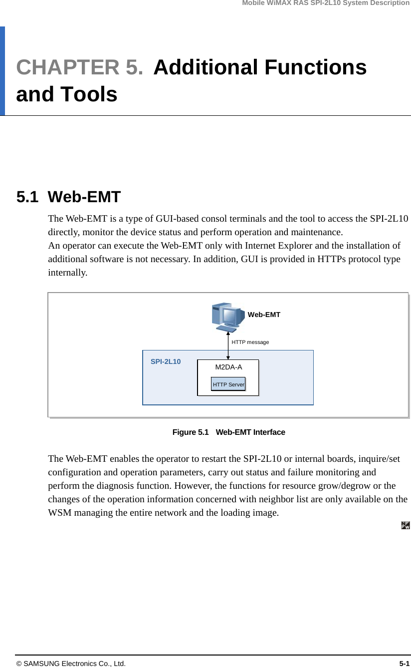 Mobile WiMAX RAS SPI-2L10 System Description © SAMSUNG Electronics Co., Ltd.  5-1 CHAPTER 5.  Additional Functions and Tools      5.1 Web-EMT The Web-EMT is a type of GUI-based consol terminals and the tool to access the SPI-2L10 directly, monitor the device status and perform operation and maintenance. An operator can execute the Web-EMT only with Internet Explorer and the installation of additional software is not necessary. In addition, GUI is provided in HTTPs protocol type internally.  Figure 5.1    Web-EMT Interface  The Web-EMT enables the operator to restart the SPI-2L10 or internal boards, inquire/set configuration and operation parameters, carry out status and failure monitoring and perform the diagnosis function. However, the functions for resource grow/degrow or the changes of the operation information concerned with neighbor list are only available on the WSM managing the entire network and the loading image.   SPI-2L10  M2DA-AWeb-EMT HTTP message HTTP Server