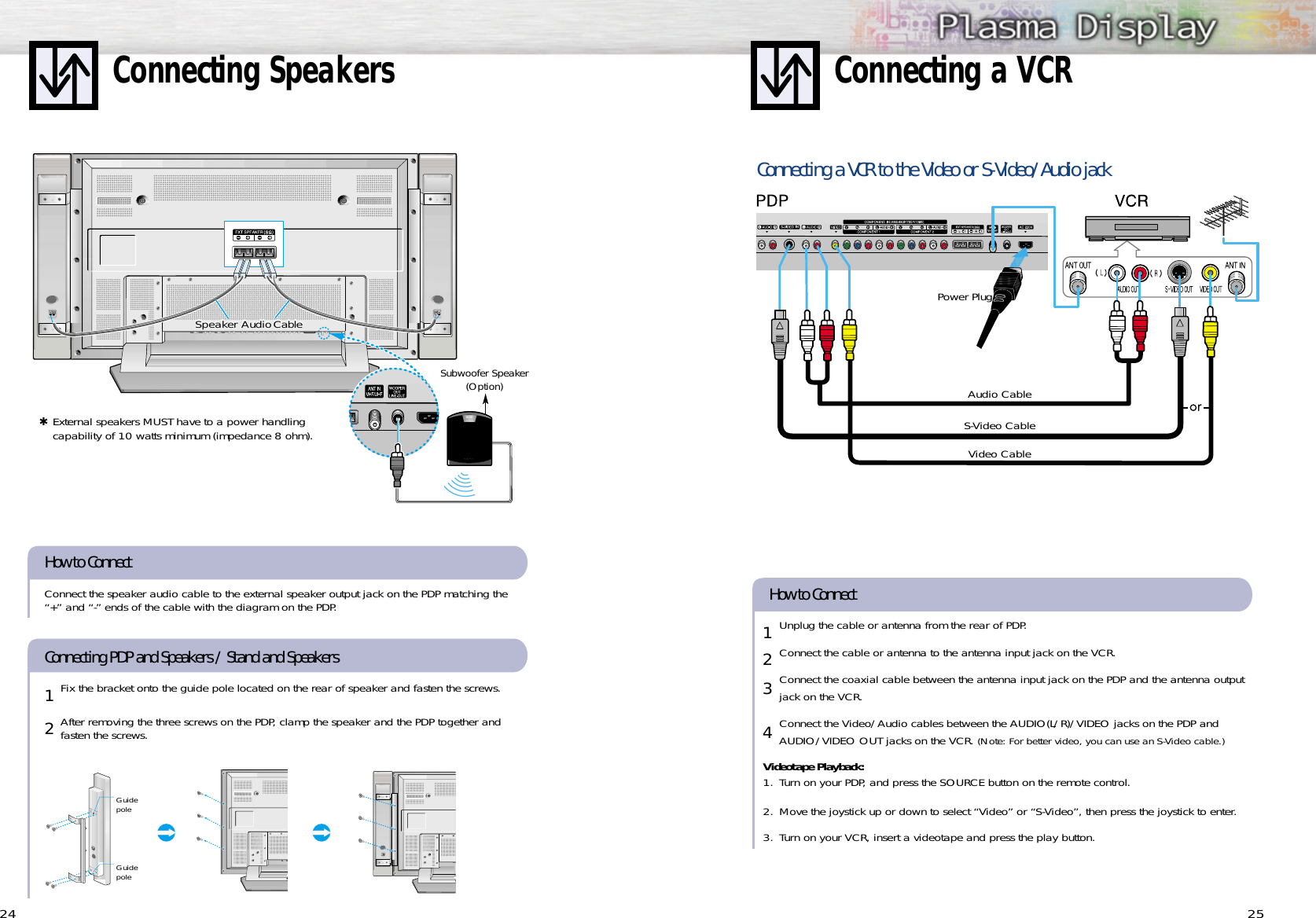 25Connecting a VCR 24Connecting a VCR to the Video or S-Video/Audio jackS-Video CableAudio CableVideo CablePower PlugUnplug the cable or antenna from the rear of PDP.Connect the cable or antenna to the antenna input jack on the VCR.Connect the coaxial cable between the antenna input jack on the PDP and the antenna outputjack on the VCR.Connect the Video/Audio cables between the AUDIO(L/R)/VIDEO jacks on the PDP andAUDIO/VIDEO OUT jacks on the VCR. (Note: For better video, you can use an S-Video cable.)Videotape Playback:1. Turn on your PDP, and press the SOURCE button on the remote control.2. Move the joystick up or down to select “Video” or “S-Video”, then press the joystick to enter.3. Turn on your VCR, insert a videotape and press the play button.How to Connect1234Connecting SpeakersSpeaker Audio CableConnect the speaker audio cable to the external speaker output jack on the PDP matching the“+” and “-” ends of the cable with the diagram on the PDP. How to ConnectFix the bracket onto the guide pole located on the rear of speaker and fasten the screws.After removing the three screws on the PDP, clamp the speaker and the PDP together andfasten the screws.Connecting PDP and Speakers / Stand and Speakers12GuidepoleGuidepole✱External speakers MUST have to a power handling capability of 10 watts minimum (impedance 8 ohm).Speaker AudioCableSubwoofer Speaker(Option)