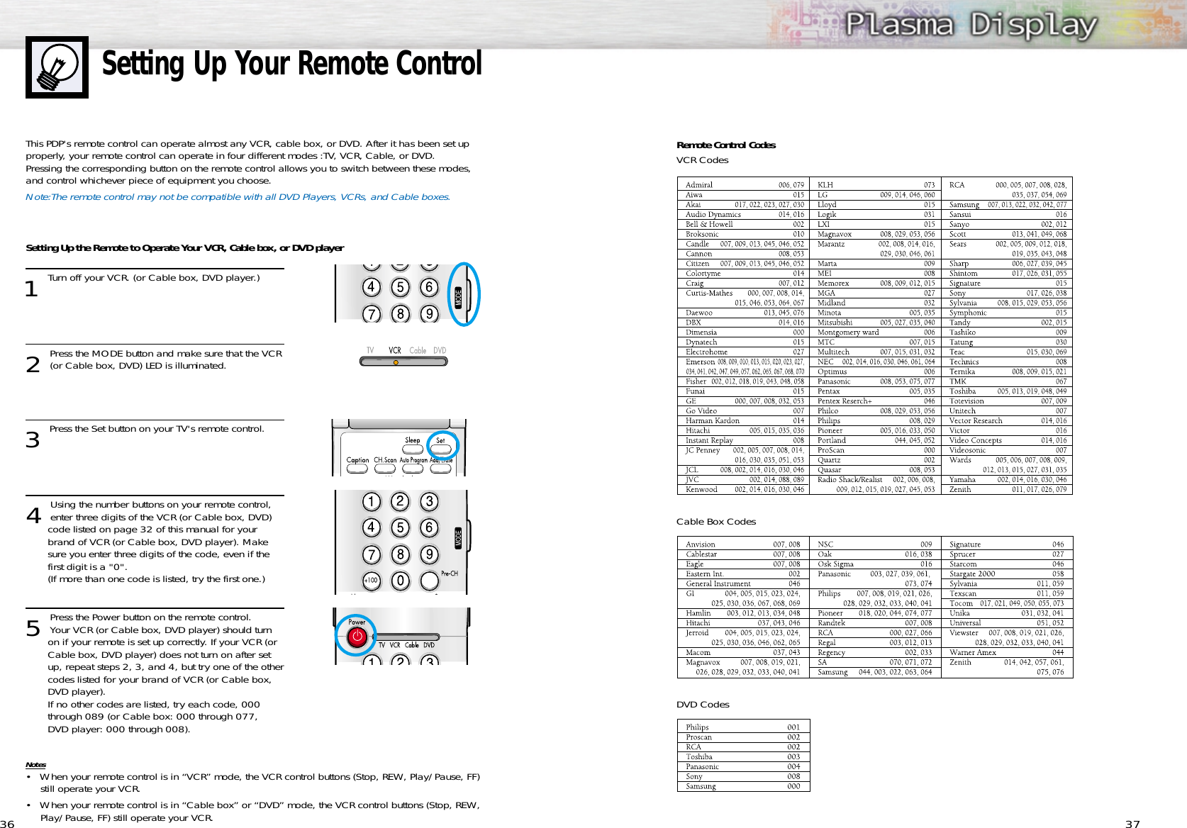 36 37Setting Up Your Remote ControlThis PDP&apos;s remote control can operate almost any VCR, cable box, or DVD. After it has been set upproperly, your remote control can operate in four different modes :TV, VCR, Cable, or DVD. Pressing the corresponding button on the remote control allows you to switch between these modes,and control whichever piece of equipment you choose.Note:The remote control may not be compatible with all DVD Players, VCRs, and Cable boxes.   Setting Up the Remote to Operate Your VCR, Cable box, or DVD player1 Turn off your VCR. (or Cable box, DVD player.)2 Press the MODE button and make sure that the VCR(or Cable box, DVD) LED is illuminated.3 Press the Set button on your TV&apos;s remote control.4 Using the number buttons on your remote control,enter three digits of the VCR (or Cable box, DVD) code listed on page 32 of this manual for your brand of VCR (or Cable box, DVD player). Make sure you enter three digits of the code, even if the first digit is a &quot;0&quot;. (If more than one code is listed, try the first one.)5 Press the Power button on the remote control. Your VCR (or Cable box, DVD player) should turn on if your remote is set up correctly. If your VCR (or Cable box, DVD player) does not turn on after set up, repeat steps 2, 3, and 4, but try one of the othercodes listed for your brand of VCR (or Cable box, DVD player). If no other codes are listed, try each code, 000 through 089 (or Cable box: 000 through 077, DVD player: 000 through 008).Notes• When your remote control is in “VCR” mode, the VCR control buttons (Stop, REW, Play/Pause, FF)still operate your VCR.• When your remote control is in “Cable box” or “DVD” mode, the VCR control buttons (Stop, REW,Play/Pause, FF) still operate your VCR.Remote Control CodesVCR CodesCable Box CodesDVD Codes