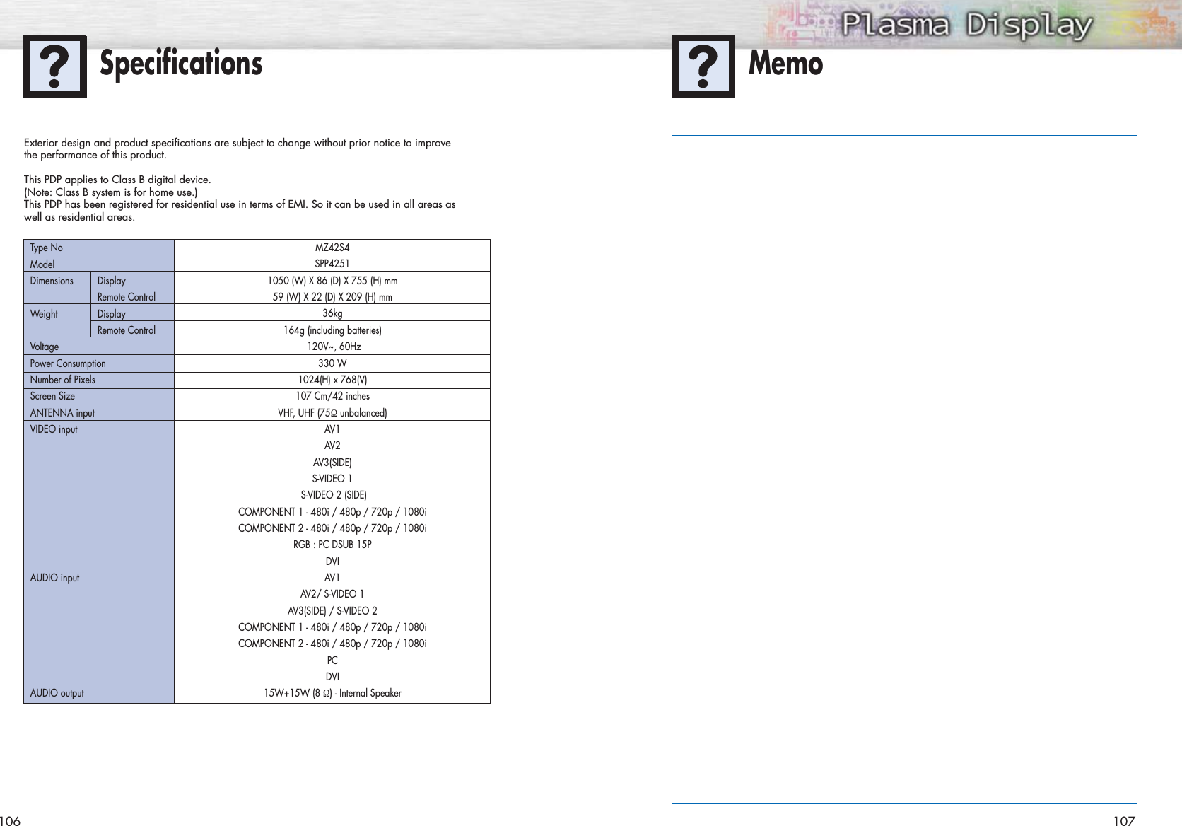 106 107MemoSpecificationsMZ42S4SPP42511050 (W) X 86 (D) X 755 (H) mm59 (W) X 22 (D) X 209 (H) mm36kg164g (including batteries) 120V~, 60Hz330 W1024(H) x 768(V) 107 Cm/42 inches VHF, UHF (75Ωunbalanced)AV1AV2AV3(SIDE)S-VIDEO 1S-VIDEO 2 (SIDE)COMPONENT 1 - 480i / 480p / 720p / 1080iCOMPONENT 2 - 480i / 480p / 720p / 1080iRGB : PC DSUB 15PDVI AV1 AV2/ S-VIDEO 1AV3(SIDE) / S-VIDEO 2COMPONENT 1 - 480i / 480p / 720p / 1080iCOMPONENT 2 - 480i / 480p / 720p / 1080iPC DVI15W+15W (8 Ω) - Internal SpeakerType NoModelDimensions DisplayRemote ControlWeight DisplayRemote ControlVoltagePower ConsumptionNumber of PixelsScreen SizeANTENNA inputVIDEO inputAUDIO inputAUDIO outputExterior design and product specifications are subject to change without prior notice to improve the performance of this product.This PDP applies to Class B digital device.(Note: Class B system is for home use.)This PDP has been registered for residential use in terms of EMI. So it can be used in all areas as well as residential areas.