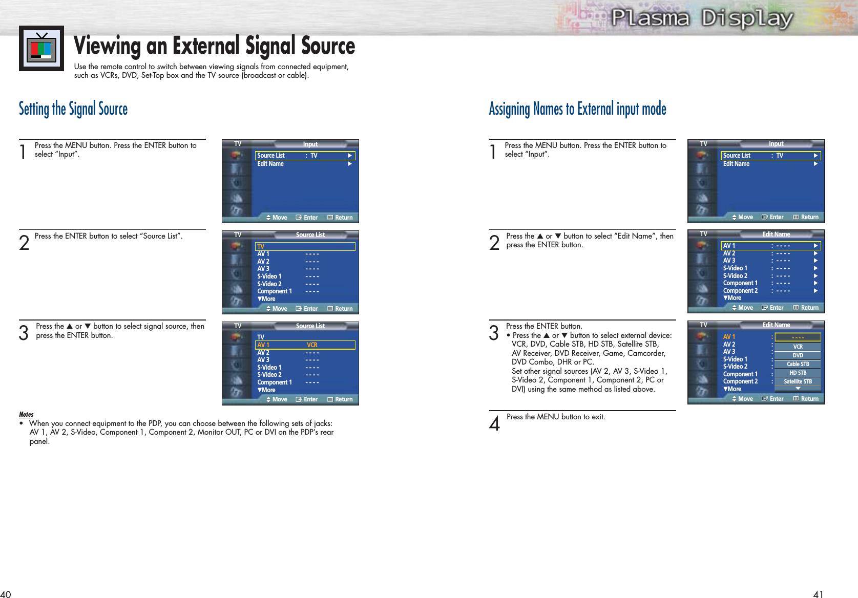 Assigning Names to External input mode1Press the MENU button. Press the ENTER button toselect “Input”.2 Press the ▲or ▼button to select “Edit Name”, thenpress the ENTER button.3 Press the ENTER button.• Press the ▲or ▼button to select external device: VCR, DVD, Cable STB, HD STB, Satellite STB, AV Receiver, DVD Receiver, Game, Camcorder, DVD Combo, DHR or PC.  Set other signal sources (AV 2, AV 3, S-Video 1, S-Video 2, Component 1, Component 2, PC or DVI) using the same method as listed above.4 Press the MENU button to exit.40 41Setting the Signal Source1Press the MENU button. Press the ENTER button toselect “Input”.2Press the ENTER button to select “Source List”.3 Press the ▲or ▼button to select signal source, thenpress the ENTER button.Notes•When you connect equipment to the PDP, you can choose between the following sets of jacks: AV 1, AV 2, S-Video, Component 1, Component 2, Monitor OUT, PC or DVI on the PDP’s rearpanel.Viewing an External Signal SourceUse the remote control to switch between viewing signals from connected equipment,such as VCRs, DVD, Set-Top box and the TV source (broadcast or cable).Edit NameSource List : TV √Edit Name √InputTVMove Enter ReturnSource List : TV √Edit Name √InputTVMove Enter ReturnEdit NameAV 1 :- - - -√AV 2 :- - - -√AV 3 :- - - -√S-Video 1 :- - - -√S-Video 2 :- - - -√Component 1 :- - - -√Component 2 :- - - -√†MoreEdit NameTVMove Enter ReturnAV 1 :- - - -√AV 2 :- - - -√AV 3 :- - - -√S-Video 1 :- - - -√S-Video 2 :- - - -√Component 1 :- - - -√Component 2 :- - - -√†MoreEdit NameTVMove Enter ReturnTVAV 1- - - -AV 2- - - -AV 3- - - -S-Video 1- - - -S-Video 2- - - -Component 1- - - -†MoreSource ListTVMove Enter ReturnTVAV 1 VCRAV 2- - - -AV 3- - - -S-Video 1- - - -S-Video 2- - - -Component 1- - - -†MoreSource ListTVMove Enter Return- - - -VCRDVDCable STBHD STBSatellite STB†