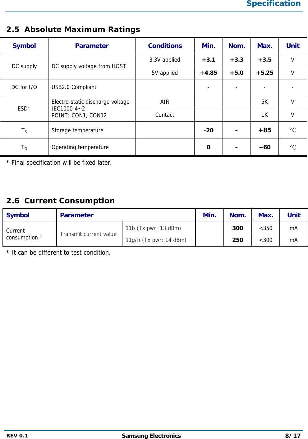  Specification  REV 0.1  Samsung Electronics 8/17  2.5 Absolute Maximum Ratings Symbol Parameter Conditions Min. Nom. Max. Unit DC supply DC supply voltage from HOST  3.3V applied  +3.1 +3.3 +3.5  V 5V applied  +4.85 +5.0 +5.25  V DC for I/O USB2.0 Compliant    - - - - ESD* Electro-static discharge voltageIEC1000-4~2 POINT: CON1, CON12 AIR   5K V Contact   1K V TS Storage temperature    -20  - +85 °C TO Operating temperature    0  -  +60 °C * Final specification will be fixed later.   2.6 Current Consumption Symbol Parameter  Min. Nom. Max. Unit Current consumption *  Transmit current value  11b (Tx pwr: 13 dBm)   300  &lt;350 mA 11g/n (Tx pwr: 14 dBm)   250  &lt;300 mA * It can be different to test condition. 