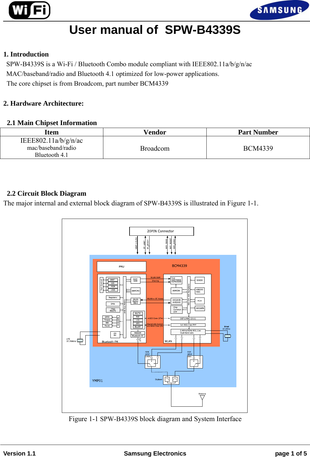 Version 1.1  Samsung Electronics  page 1 of 5User manual of  SPW-B4339S  1. IntroductionSPW-B4339S is a Wi-Fi / Bluetooth Combo module compliant with IEEE802.11a/b/g/n/ac  MAC/baseband/radio and Bluetooth 4.1 optimized for low-power applications.   The core chipset is from Broadcom, part number BCM4339 2. Hardware Architecture:2.1 Main Chipset Information Item Vendor Part NumberIEEE802.11a/b/g/n/ac mac/baseband/radio Bluetooth 4.1 Broadcom  BCM4339 2.2 Circuit Block Diagram The major internal and external block diagram of SPW-B4339S is illustrated in Figure 1-1. Figure 1-1 SPW-B4339S block diagram and System Interface X-tal
