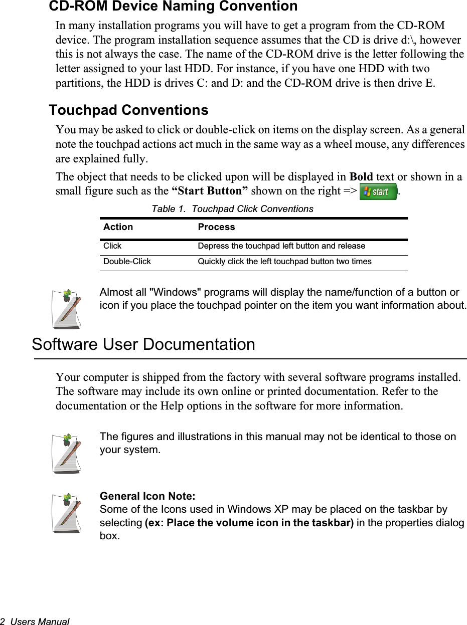2  Users ManualCD-ROM Device Naming ConventionIn many installation programs you will have to get a program from the CD-ROM device. The program installation sequence assumes that the CD is drive d:\, however this is not always the case. The name of the CD-ROM drive is the letter following the letter assigned to your last HDD. For instance, if you have one HDD with two partitions, the HDD is drives C: and D: and the CD-ROM drive is then drive E.Touchpad ConventionsYou may be asked to click or double-click on items on the display screen. As a general note the touchpad actions act much in the same way as a wheel mouse, any differences are explained fully.The object that needs to be clicked upon will be displayed in Bold text or shown in a small figure such as the “Start Button” shown on the right =&gt;  .Table 1.  Touchpad Click ConventionsAlmost all &quot;Windows&quot; programs will display the name/function of a button or icon if you place the touchpad pointer on the item you want information about.Software User DocumentationYour computer is shipped from the factory with several software programs installed. The software may include its own online or printed documentation. Refer to the documentation or the Help options in the software for more information.The figures and illustrations in this manual may not be identical to those on your system.General Icon Note:Some of the Icons used in Windows XP may be placed on the taskbar by selecting (ex: Place the volume icon in the taskbar) in the properties dialog box.Action ProcessClick Depress the touchpad left button and releaseDouble-Click Quickly click the left touchpad button two times
