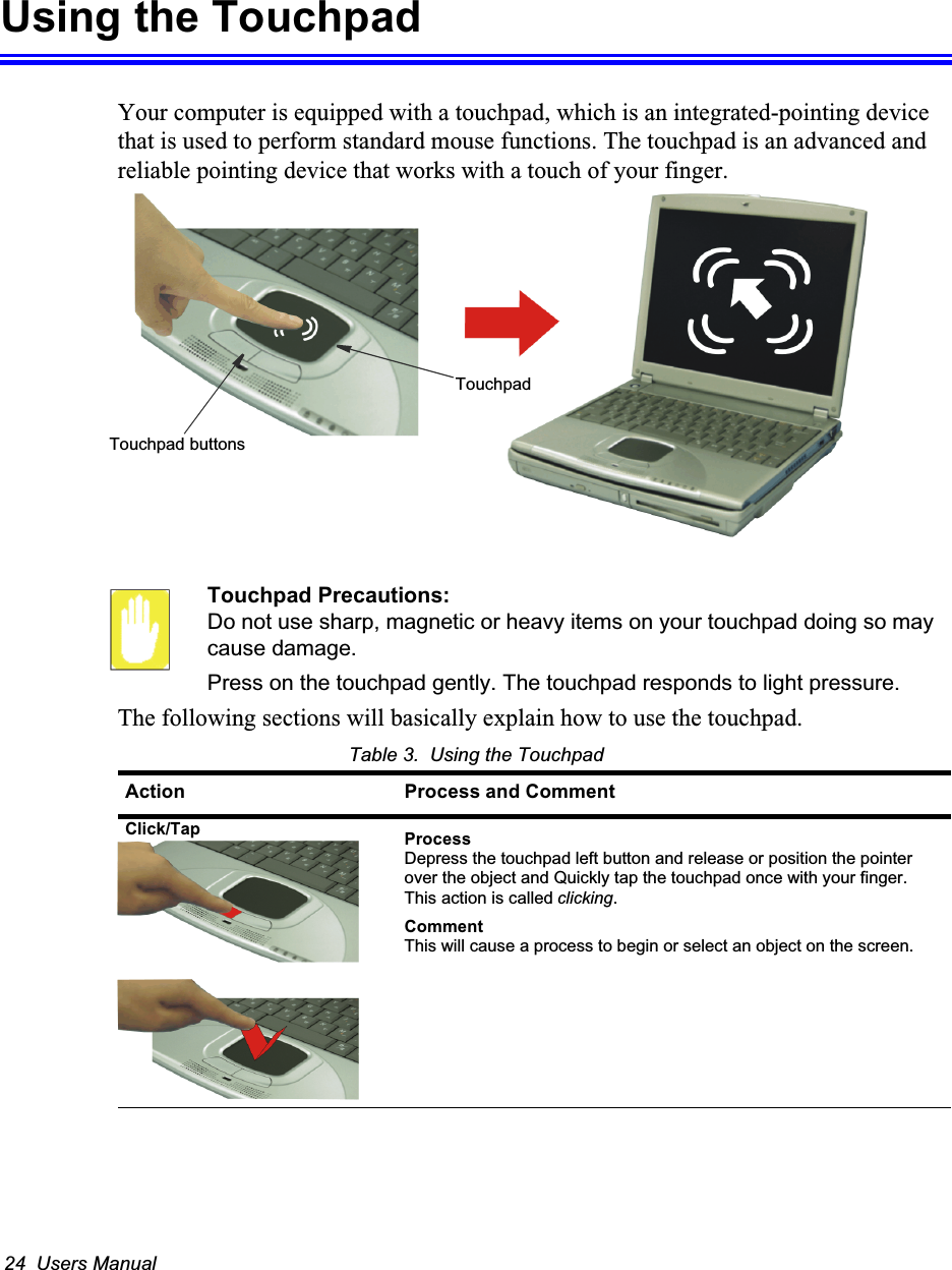 24  Users ManualUsing the TouchpadYour computer is equipped with a touchpad, which is an integrated-pointing device that is used to perform standard mouse functions. The touchpad is an advanced and reliable pointing device that works with a touch of your finger. Touchpad Precautions:Do not use sharp, magnetic or heavy items on your touchpad doing so may cause damage. Press on the touchpad gently. The touchpad responds to light pressure. The following sections will basically explain how to use the touchpad.Table 3.  Using the TouchpadAction Process and CommentClick/Tap ProcessDepress the touchpad left button and release or position the pointer over the object and Quickly tap the touchpad once with your finger. This action is called clicking.CommentThis will cause a process to begin or select an object on the screen. Touchpad buttonsTouchpad