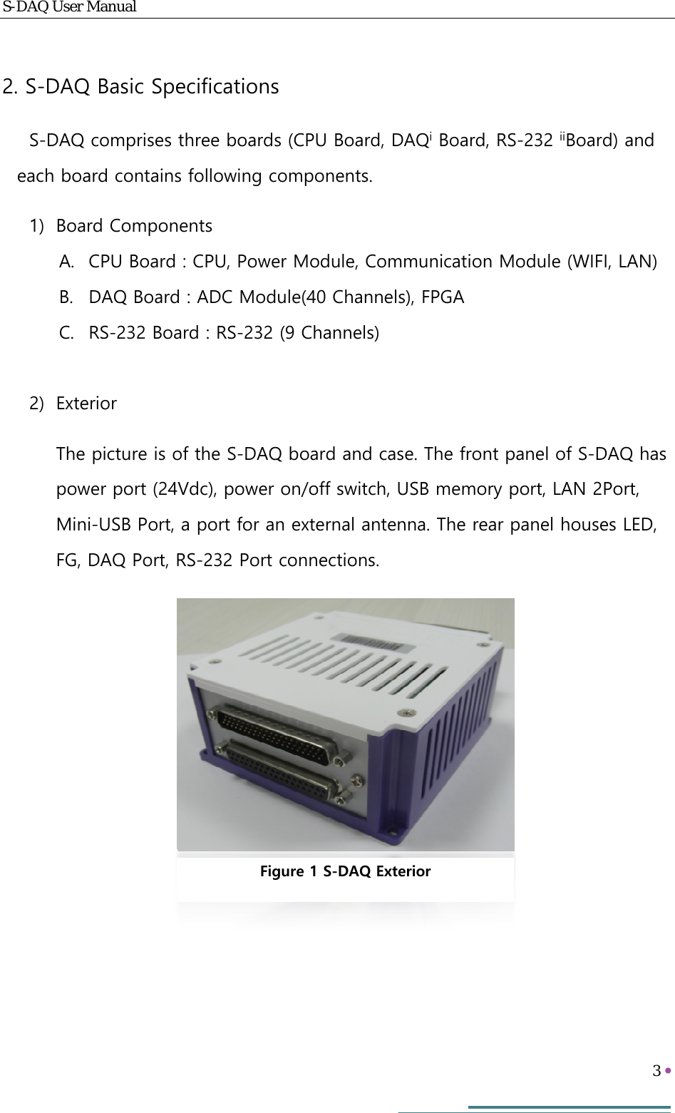 S-DAQ User Manual   3     2. S-DAQ Basic Specifications S-DAQ comprises three boards (CPU Board, DAQi Board, RS-232 iiBoard) and each board contains following components. 1) Board Components A. CPU Board : CPU, Power Module, Communication Module (WIFI, LAN) B. DAQ Board : ADC Module(40 Channels), FPGA C. RS-232 Board : RS-232 (9 Channels)  2) Exterior The picture is of the S-DAQ board and case. The front panel of S-DAQ has power port (24Vdc), power on/off switch, USB memory port, LAN 2Port, Mini-USB Port, a port for an external antenna. The rear panel houses LED, FG, DAQ Port, RS-232 Port connections.          Figure 1 S-DAQ Exterior