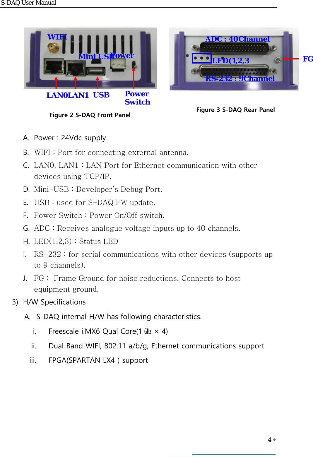 S-DAQ User Manual   4     WIFILAN0LAN1 USBPowerPower SwitchMini USB FGADC : 40ChannelRS-232 : 9ChannelLED(1,2,3     A. Power : 24Vdc supply. B. WIFI : Port for connecting external antenna. C. LAN0, LAN1 : LAN Port for Ethernet communication with other devices using TCP/IP. D. Mini-USB : Developer’s Debug Port. E. USB : used for S-DAQ FW update. F. Power Switch : Power On/Off switch. G. ADC : Receives analogue voltage inputs up to 40 channels. H. LED(1,2,3) : Status LED I. RS-232 : for serial communications with other devices (supports up to 9 channels). J. FG :  Frame Ground for noise reductions. Connects to host equipment ground. 3) H/W Specifications A. S-DAQ internal H/W has following characteristics. i. Freescale i.MX6 Qual Core(1 ㎓ × 4) ii. Dual Band WIFI, 802.11 a/b/g, Ethernet communications support iii. FPGA(SPARTAN LX4 ) support   Figure 2 S-DAQ Front Panel Figure 3 S-DAQ Rear Panel