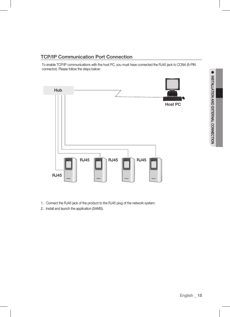 Englis_ English _ 15INSTALLATION AND EXTERNAL CONNECTIONTCP/IP Communication Port ConnectionTo enable TCP/IP communications with the host PC, you must have connected the RJ45 jack to CON4 (8-PIN connector). Please follow the steps below:Connect the RJ45 jack of the product to the RJ45 plug of the network system.Install and launch the application (SAMS).1.2.HubRJ45RJ45 RJ45 RJ45Host PC