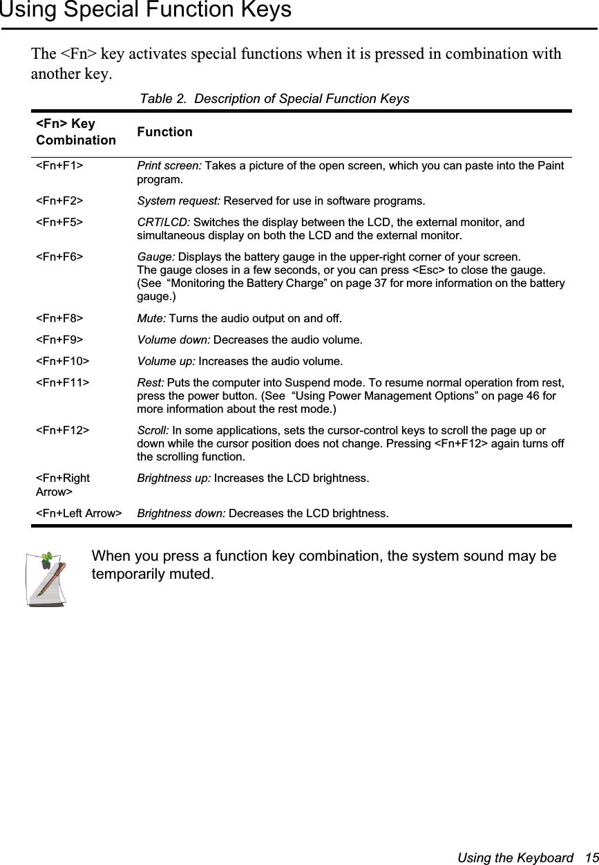 Using the Keyboard   15Using Special Function KeysThe &lt;Fn&gt; key activates special functions when it is pressed in combination with another key. Table 2.  Description of Special Function KeysWhen you press a function key combination, the system sound may be temporarily muted.&lt;Fn&gt; Key Combination Function&lt;Fn+F1&gt; Print screen: Takes a picture of the open screen, which you can paste into the Paint program.&lt;Fn+F2&gt; System request: Reserved for use in software programs.&lt;Fn+F5&gt;  CRT/LCD: Switches the display between the LCD, the external monitor, and simultaneous display on both the LCD and the external monitor.&lt;Fn+F6&gt; Gauge: Displays the battery gauge in the upper-right corner of your screen. The gauge closes in a few seconds, or you can press &lt;Esc&gt; to close the gauge. (See  “Monitoring the Battery Charge” on page 37 for more information on the battery gauge.) &lt;Fn+F8&gt; Mute: Turns the audio output on and off.&lt;Fn+F9&gt; Volume down: Decreases the audio volume.&lt;Fn+F10&gt; Volume up: Increases the audio volume.&lt;Fn+F11&gt;  Rest: Puts the computer into Suspend mode. To resume normal operation from rest, press the power button. (See  “Using Power Management Options” on page 46 for more information about the rest mode.)&lt;Fn+F12&gt; Scroll: In some applications, sets the cursor-control keys to scroll the page up or down while the cursor position does not change. Pressing &lt;Fn+F12&gt; again turns off the scrolling function. &lt;Fn+Right Arrow&gt;Brightness up: Increases the LCD brightness. &lt;Fn+Left Arrow&gt; Brightness down: Decreases the LCD brightness. 