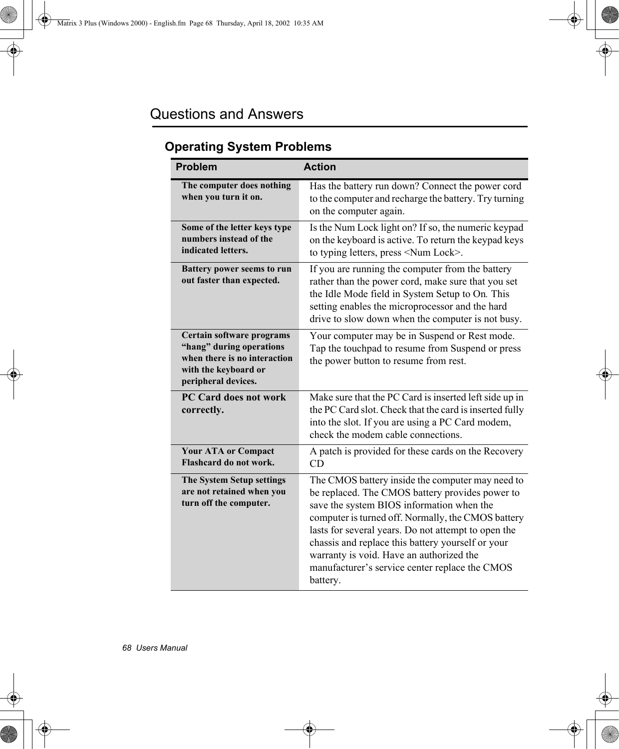 68  Users ManualQuestions and AnswersOperating System ProblemsProblem ActionThe computer does nothing when you turn it on.Has the battery run down? Connect the power cord to the computer and recharge the battery. Try turning on the computer again.Some of the letter keys type numbers instead of the indicated letters.Is the Num Lock light on? If so, the numeric keypad on the keyboard is active. To return the keypad keys to typing letters, press <Num Lock>. Battery power seems to run out faster than expected.If you are running the computer from the battery rather than the power cord, make sure that you set the Idle Mode field in System Setup to On. This setting enables the microprocessor and the hard drive to slow down when the computer is not busy. Certain software programs &ldquo;hang&rdquo; during operations when there is no interaction with the keyboard or peripheral devices.Your computer may be in Suspend or Rest mode. Tap the touchpad to resume from Suspend or press the power button to resume from rest.PC Card does not work correctly.Make sure that the PC Card is inserted left side up in the PC Card slot. Check that the card is inserted fully into the slot. If you are using a PC Card modem, check the modem cable connections.Your ATA or Compact Flashcard do not work.A patch is provided for these cards on the Recovery CDThe System Setup settings are not retained when you turn off the computer.The CMOS battery inside the computer may need to be replaced. The CMOS battery provides power to save the system BIOS information when the computer is turned off. Normally, the CMOS battery lasts for several years. Do not attempt to open the chassis and replace this battery yourself or your warranty is void. Have an authorized the manufacturer&rsquo;s service center replace the CMOS battery.Matrix 3 Plus (Windows 2000) - English.fm  Page 68  Thursday, April 18, 2002  10:35 AM