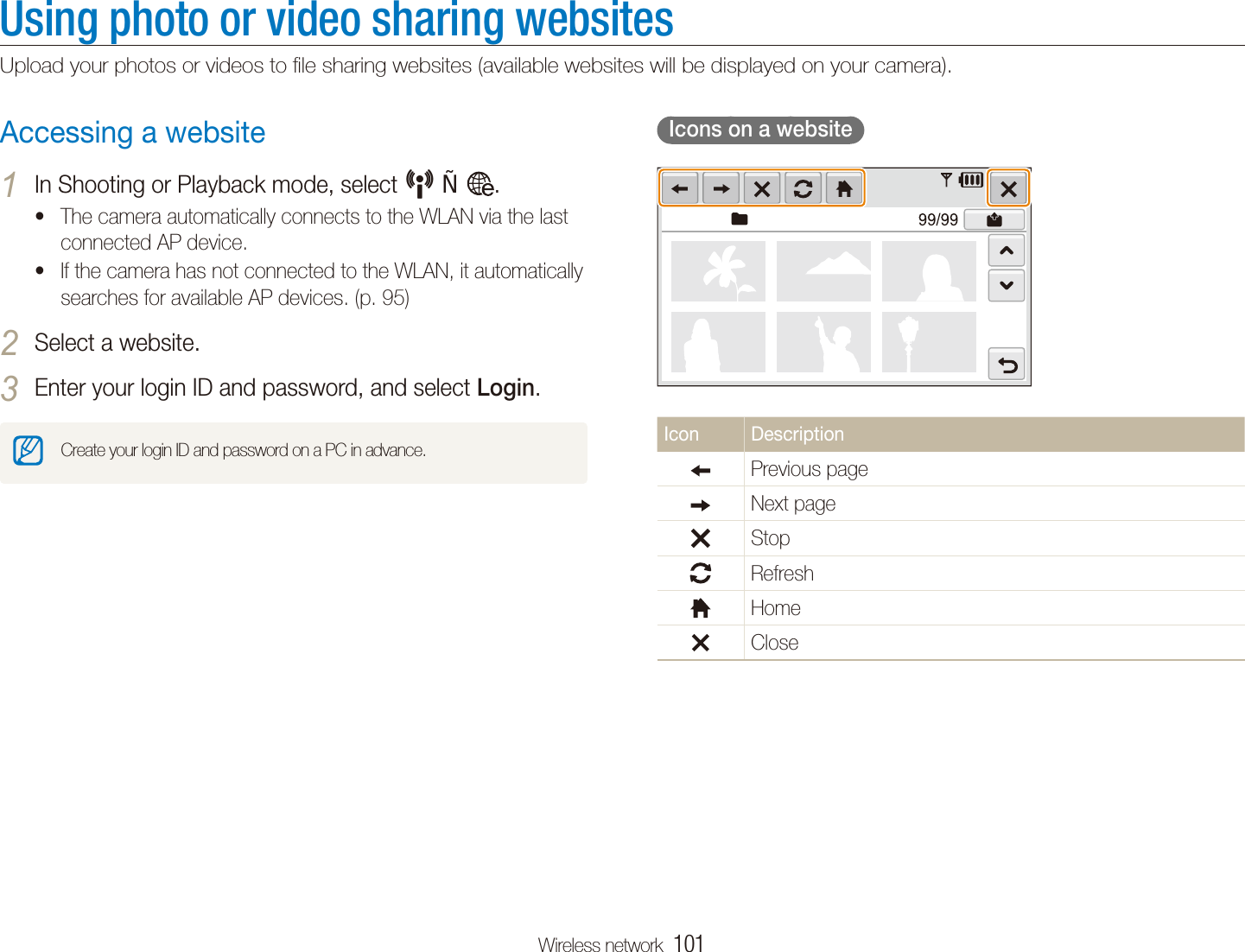 Wireless network  101Using photo or video sharing websitesUpload your photos or videos to ﬁle sharing websites (available websites will be displayed on your camera).  Icons on a website  Icon DescriptionPrevious pageNext pageStopRefreshHomeCloseAccessing a websiteIn Shooting or Playback mode, select 1 N   .The camera automatically connects to the WLAN via the last tconnected AP device. If the camera has not connected to the WLAN, it automatically tsearches for available AP devices. (p. 95)Select a website.2 Enter your login ID and password, and select 3 Login.Create your login ID and password on a PC in advance.