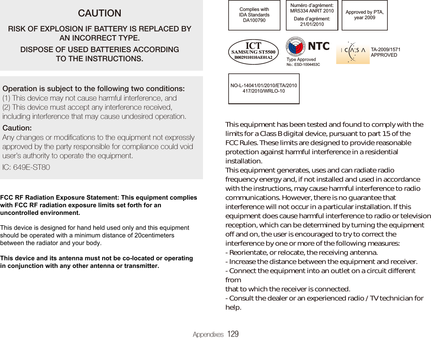 Appendixes  129CAUTIONRISK OF EXPLOSION IF BATTERY IS REPLACED BY AN INCORRECT TYPE.DISPOSE OF USED BATTERIES ACCORDING  TO THE INSTRUCTIONS.Operation is subject to the following two conditions:  (1) This device may not cause harmful interference, and  (2) This device must accept any interference received, including interference that may cause undesired operation.Caution:  Any changes or modiﬁcations to the equipment not expressly approved by the party responsible for compliance could void user’s authority to operate the equipment.IC: 649E-ST80Complies with  IDA Standards  DA100790NO-L-14041/01/2010/ETA/2010 417/2010/WRLO-10Numéro d’agrément: MR5334 ANRT 2010Date d’agrément: 21/01/2010Approved by PTA, year 2009TA-2009/1571 APPROVEDB0029110110AE01A2No.: ESD-1004453CSAMSUNG ST5500This equipment has been tested and found to comply with thelimits for a Class B digital device, pursuant to part 15 of theFCC Rules. These limits are designed to provide reasonableprotection against harmful interference in a residentialinstallation.This equipment generates, uses and can radiate radiofrequency energy and, if not installed and used in accordancewith the instructions, may cause harmful interference to radiocommunications. However, there is no guarantee thatinterference will not occur in a particular installation. If thisequipment does cause harmful interference to radio or televisionreception, which can be determined by turning the equipmentoff and on, the user is encouraged to try to correct theinterference by one or more of the following measures:-Reorientate, or relocate, the receiving antenna.-Increase the distance between the equipment and receiver.-Connect the equipment into an outlet on a circuit differentfromthat to which the receiver is connected.-Consult the dealer or an experienced radio / TV technician forhelp.FCC RF Radiation Exposure Statement: This equipment complieswith FCC RF radiation exposure limits set forth for anuncontrolled environment.This device is designed for hand held used only and this equipmentshould be operated with a minimum distance of 20centimetersbetween the radiator and your body.This device and its antenna must not be co-located or operatingin conjunction with any other antenna or transmitter.