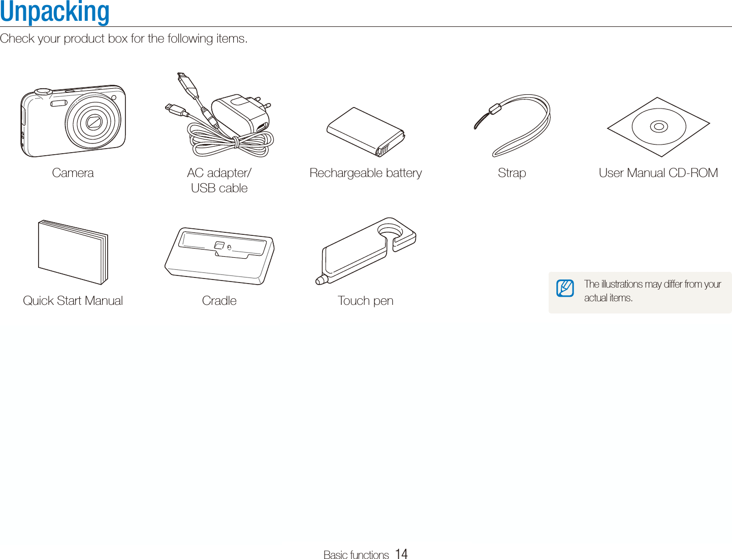 Basic functions  14UnpackingCheck your product box for the following items.Camera AC adapter/ USB cableRechargeable battery Strap User Manual CD-ROMQuick Start Manual Cradle Touch penOptional accessoriesCamera case Memory card  (microSDTM)Battery chargerThe illustrations may differ from your actual items.