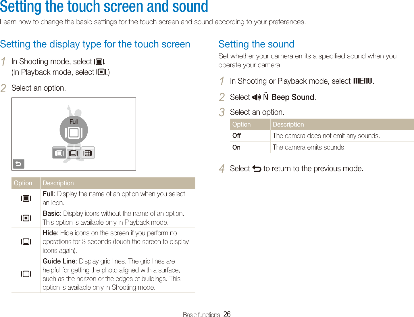 Basic functions  26Setting the touch screen and soundLearn how to change the basic settings for the touch screen and sound according to your preferences.Setting the soundSet whether your camera emits a speciﬁed sound when you operate your camera.In Shooting or Playback mode, select 1 M.Select 2   Beep Sound.Select an option.3 Option DescriptionOff The camera does not emit any sounds.On The camera emits sounds.Select 4  to return to the previous mode.Setting the display type for the touch screenIn Shooting mode, select 1 .  (In Playback mode, select  .)Select an option.2 FullOption DescriptionFull: Display the name of an option when you select an icon.Basic: Display icons without the name of an option. This option is available only in Playback mode.Hide: Hide icons on the screen if you perform no operations for 3 seconds (touch the screen to display icons again).Guide Line: Display grid lines. The grid lines are helpful for getting the photo aligned with a surface, such as the horizon or the edges of buildings. This option is available only in Shooting mode.