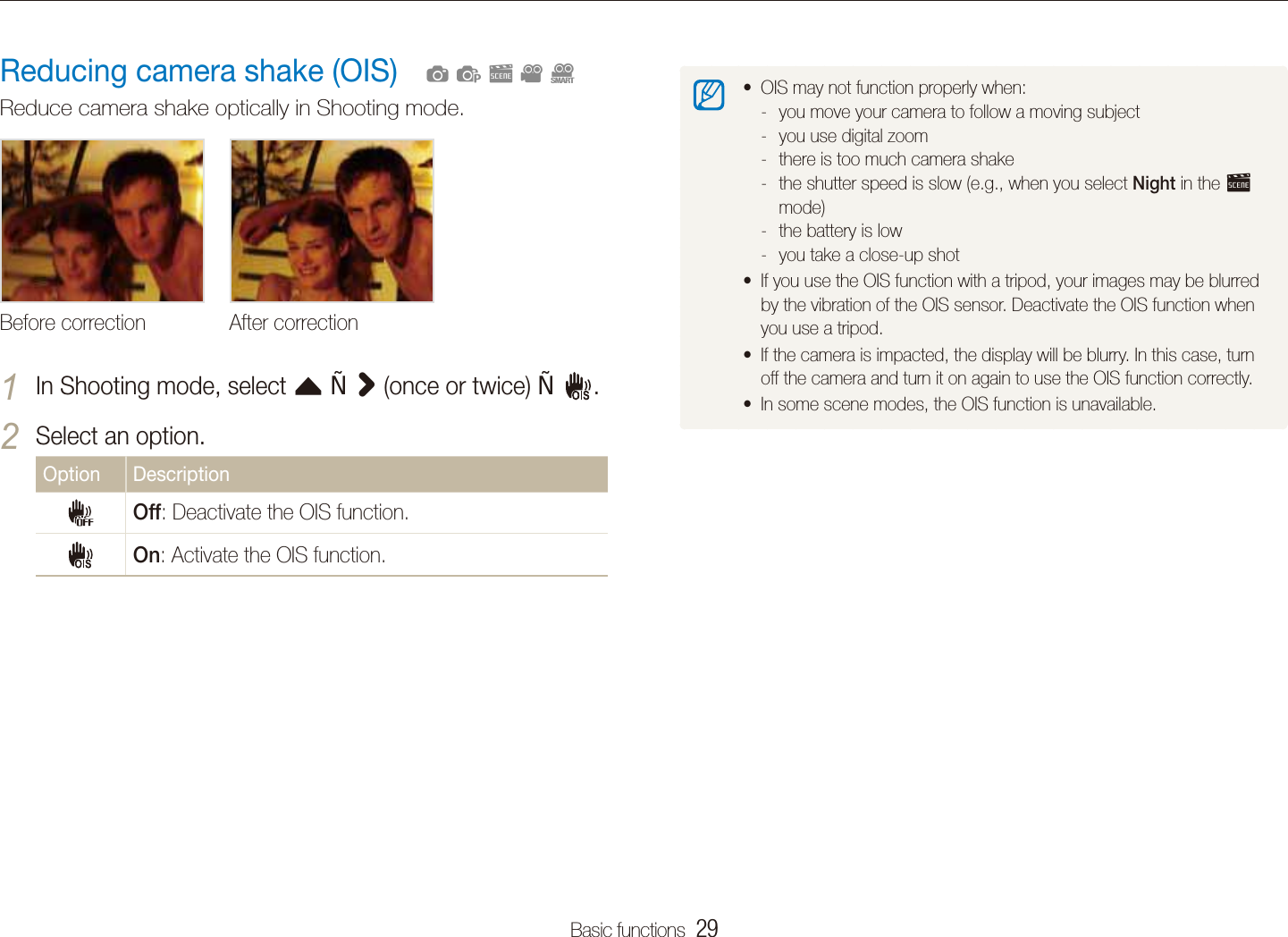 Basic functions  29Taking photosOIS may not function properly when:tyou move your camera to follow a moving subject -you use digital zoom -there is too much camera shake -the shutter speed is slow (e.g., when you select  - Night in the s mode)the battery is low -you take a close-up shot -If you use the OIS function with a tripod, your images may be blurred tby the vibration of the OIS sensor. Deactivate the OIS function when you use a tripod.If the camera is impacted, the display will be blurry. In this case, turn toff the camera and turn it on again to use the OIS function correctly.In some scene modes, the OIS function is unavailable.tReducing camera shake (OIS)Reduce camera shake optically in Shooting mode.Before correction After correctionIn Shooting mode, select 1 f  &gt; (once or twice)   .Select an option.2 Option DescriptionOff: Deactivate the OIS function.On: Activate the OIS function.  apsvD