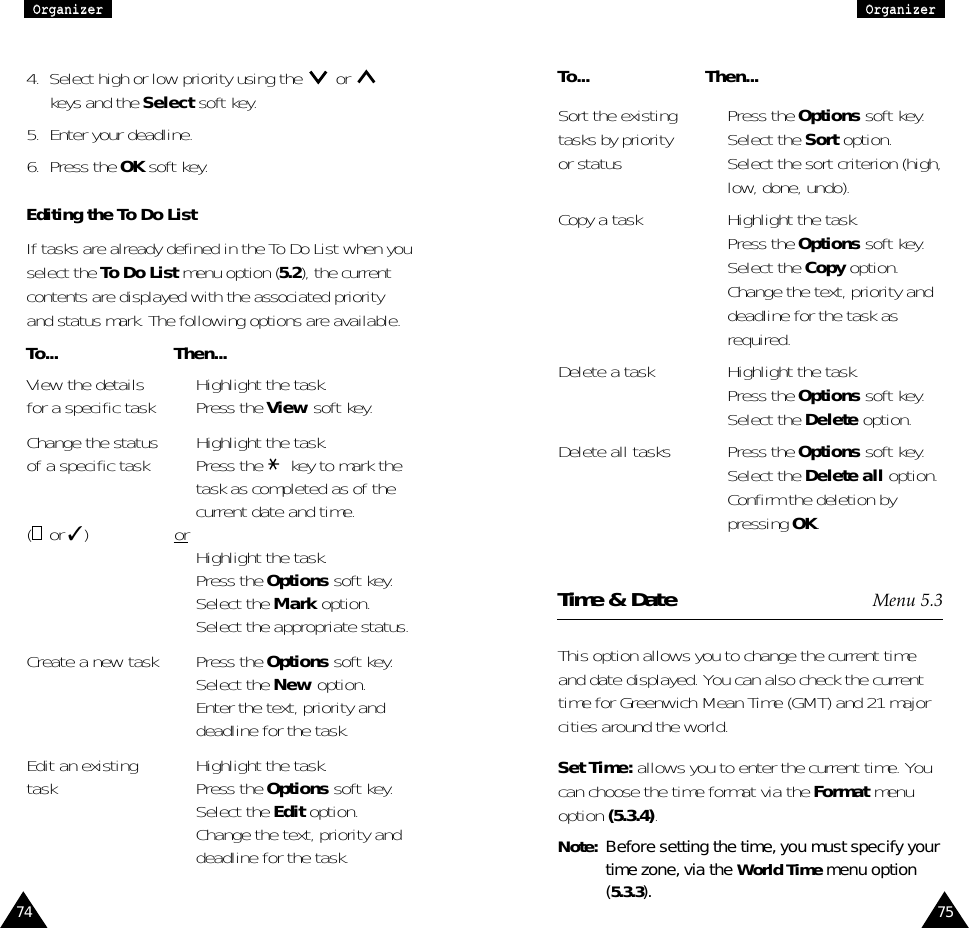 75OOrrggaanniizzeerrOOrrggaanniizzeerrTo... Then...Sort the existing •  Press the Options soft key.tasks by priority •  Select the Sort option.or status •  Select the sort criterion (high,low, done, undo).Copy a task •  Highlight the task.•  Press the Options soft key.•  Select the Copy option.•  Change the text, priority anddeadline for the task asrequired.Delete a task •  Highlight the task.•  Press the Options soft key.•  Select the Delete option.Delete all tasks •  Press the Options soft key.•  Select the Delete all option.•  Confirm the deletion bypressing OK.Time &amp; Date Menu 5.3This option allows you to change the current timeand date displayed. You can also check the currenttime for Greenwich Mean Time (GMT) and 21 majorcities around the world.Set Time: allows you to enter the current time. Youcan choose the time format via the Format menuoption (5.3.4).Note:  Before setting the time, you must specify yourtime zone, via the World Time menu option (5.3.3).4.  Select high or low priority using the  or keys and the Select soft key.5.  Enter your deadline.6.  Press the OK soft key.Editing the To Do ListIf tasks are already defined in the To Do List when youselect the To Do List menu option (5.2), the currentcontents are displayed with the associated priorityand status mark. The following options are available.To... Then...View the details  •  Highlight the task.for a specific task •  Press the View soft key.Change the status •  Highlight the task.of a specific task •  Press the  key to mark thetask as completed as of thecurrent date and time.( or ✓)or•  Highlight the task.•  Press the Options soft key.•  Select the Mark option.•  Select the appropriate status.Create a new task •  Press the Options soft key.•  Select the New option.•  Enter the text, priority anddeadline for the task.Edit an existing •  Highlight the task.task •  Press the Options soft key.•  Select the Edit option.•  Change the text, priority anddeadline for the task.74