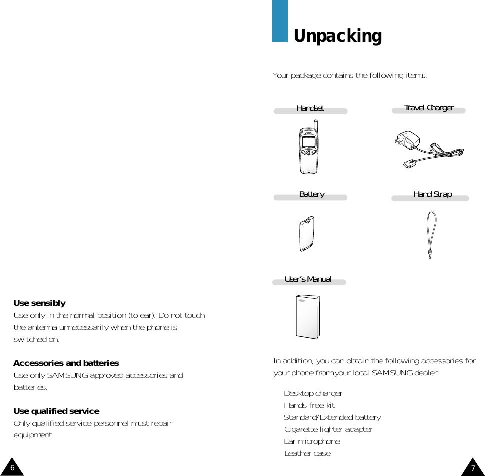 In addition, you can obtain the following accessories foryour phone from your local SAMSUNG dealer:• Desktop charger • Hands-free kit• Standard/Extended battery• Cigarette lighter adapter• Ear-microphone• Leather case76Travel ChargerHandsetUser’s Manual Use sensiblyUse only in the normal position (to ear). Do not touchthe antenna unnecessarily when the phone isswitched on.Accessories and batteriesUse only SAMSUNG-approved accessories andbatteries. Use qualified serviceOnly qualified service personnel must repairequipment. UnpackingYour package contains the following items.Battery Hand Strap