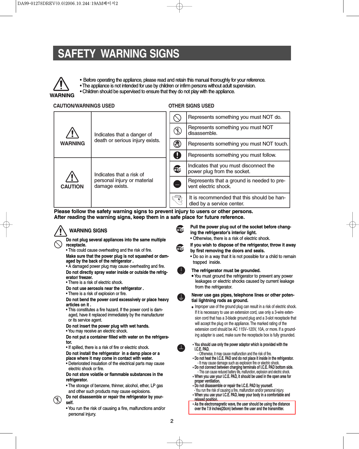 SAFETY  WARNING SIGNS2Please follow the safety warning signs to prevent injury to users or other persons.After reading the warning signs, keep them in a safe place for future reference.WARNING• Before operating the appliance, please read and retain this manual thoroughly for your reference.• The appliance is not intended for use by children or infirm persons without adult supervision.• Children should be supervised to ensure that they do not play with the appliance.Pull the power plug out of the socket before chang-ing the refrigerator’s interior light.• Otherwise, there is a risk of electric shock.If you wish to dispose of the refrigerator,throw it awayby first removing the doors and seals.• Do so in a way that it is not possible for a child to remaintrapped  inside.Do not plug several appliances into the same multiplereceptacle.• This could cause overheating and the risk of fire.Make sure that the power plug is not squashed or dam-aged by the back of the refrigerator .• A damaged power plug may cause overheating and fire.Do not directly spray water inside or outside the refrig-erator/freezer.• There is a risk of electric shock.Do not use aerosols near the refrigerator .• There is a risk of explosion or fire.Do not bend the power cord excessively or place heavyarticles on it .• This constitutes a fire hazard. If the power cord is dam-aged, have it replaced immediately by the manufactureror its service agent.Do not insert the power plug with wet hands.• You may receive an electric shock.Do not put a container filled with water on the refrigera-tor.• If spilled, there is a risk of fire or electric shock.Do not install the refrigerator in a damp place or aplace where it may come in contact with water.• Deteriorated insulation of the electrical parts may causeelectric shock or fire.Do not store volatile or flammable substances in therefrigerator.• The storage of benzene, thinner, alcohol, ether, LP gasand other such products may cause explosions.Do not disassemble or repair the refrigeratorby your-self.• You run the risk of causing a fire, malfunctions and/orpersonal injury.WARNING SIGNSThe refrigerator must be grounded.•You must ground the refrigerator to prevent any power  leakages or electric shocks caused by current leakage   from the refrigerator.Never use gas pipes, telephone lines or other poten-tial lightning rods as ground.󳀏You should use only the power adaptor which is provided with theI.C.E. PAD.- Otherwise, it may cause malfunction and the risk of fire.󳀏Do not heat the I.C.E. PAD and do not place it inside in the refrigerator.- It may cause damage such as explosion fire or electric shock.󳀏Do not connect between charging terminals of I.C.E. PAD bottom side.-This can cause reduced battery life, malfunction, explosion and electric shock.󳀏When you use your I.C.E. PAD, it should be used in the open area forproper ventilation.󳀏Do not disassemble or repair the I.C.E. PAD by yourself.- You run the risk of causing a fire, malfunction and/or personal injury.󳀏When you use your I.C.E. PAD, keep your body in a comfortable andrelaxed position.󳀏As the electromagnetic wave, the user should be using the distanceover the 7.9 inches(20cm) between the user and the transmitter.Improper use of the ground plug can result in a risk of electric shock.If it is necessary to use an extension cord, use only a 3-wire exten-sion cord that has a 3-blade ground plug and a 3-slot receptacle thatwill accept the plug on the appliance. The marked rating of theextension cord should be AC 115V~120V, 10A, or more. If a ground-ing adapter is used, make sure the receptacle box is fully grounded.•CAUTION/WARNINGS USED OTHER SIGNS USEDIndicates that a danger ofdeath or serious injury exists.Indicates that a risk of personal injury or materialdamage exists.WARNINGCAUTIONRepresents something you must NOT touch.Represents something you must follow.Indicates that you must disconnect thepower plug from the socket.Represents that a ground is needed to pre-vent electric shock.Represents something you must NOT disassemble.Represents something you must NOT do.It is recommended that this should be han-dled by a service center.