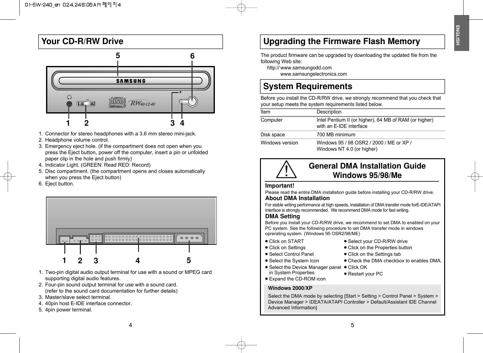 ENGLISH5Upgrading the Firmware Flash MemoryYour CD-R/RW Drive41. Connector for stereo headphones with a 3.6 mm stereo mini-jack.2. Headphone volume control.3. Emergency eject hole. (if the compartment does not open when youpress the Eject button, power off the computer, insert a pin or unfoldedpaper clip in the hole and push firmly)4. Indicator Light. (GREEN: Read RED: Record)5. Disc compartment. (the compartment opens and closes automaticallywhen you press the Eject button)6. Eject button.The product firmware can be upgraded by downloading the updated file from thefollowing Web site:http:// www.samsungodd.comwww.samsungelectronics.comSystem RequirementsBefore you install the CD-R/RW drive, we strongly recommend that you check thatyour setup meets the system requirements listed below.Item DescriptionComputer Intel Pentium II (or higher), 64 MB of RAM (or higher)with an E-IDE interfaceDisk space 700 MB minimumWindows version Windows 95 / 98 OSR2 / 2000 / ME or XP /Windows NT 4.0 (or higher)1. Two-pin digital audio output terminal for use with a sound or MPEG cardsupporting digital audio features.2. Four-pin sound output terminal for use with a sound card.(refer to the sound card documentation for further details)3. Master/slave select terminal.4. 40pin host E-IDE interface connector.5. 4pin power terminal.12 3456123 4 5General DMA Installation GuideWindows 95/98/MeImportant!Please read the entire DMA installation guide before installing your CD-R/RW drive.About DMA InstallationFor stable writing performance at high speeds, Installation of DMA transfer mode forE-IDE/ATAPIinterface is strongly recommended.  We recommend DMA mode for fast writing.DMA SettingBefore you install your CD-R/RW drive, we recommend to set DMA to enabled on yourPC system. See the following procedure to set DMA transfer mode in windowsoprerating system. (Windows 95 OSR2/98/ME)●Click on START●Click on Settings●Select Control Panel●Select the System Icon●Select the Device Manager panel in System Properties●Expand the CD-ROM icon●Select your CD-R/RW drive●Click on the Properties button●Click on the Settings tab●Check the DMA checkbox to enables DMA.●Click OK●Restart your PCWindows 2000/XPSelect the DMA mode by selecting [Start &gt; Setting &gt; Control Panel &gt; System &gt;Device Manager &gt; IDEATA/ATAPI Controller &gt; Default/Assistant IDE ChannelAdvanced Information] 