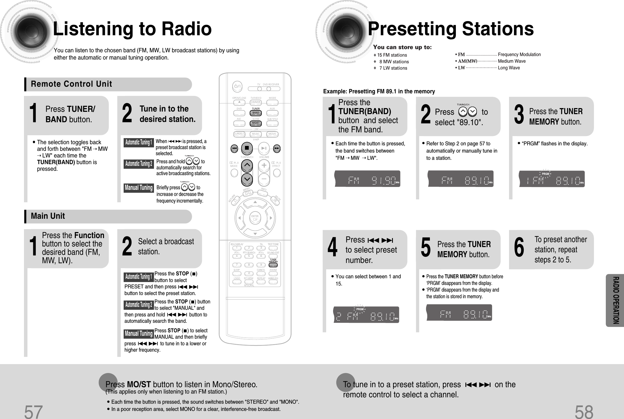 57 58Listening to RadioYou can listen to the chosen band (FM, MW, LW broadcast stations) by usingeither the automatic or manual tuning operation.Presetting Stations21• The selection toggles backand forth between &quot;FM➝ MW➝ LW&quot; each time theTUNER(BAND) button ispressed.Tune in to thedesired station.Press TUNER/BAND button.Automatic Tuning 2Manual Tuning21Select a broadcaststation.Press the STOP (   )button to selectPRESET and then pressbutton to select the preset station.Automatic Tuning 1Press the Functionbutton to select thedesired band (FM,MW, LW).Press the STOP(   ) buttonto select &quot;MANUAL&quot; andthen press and hold                   button toautomatically search the band.Automatic Tuning 2Press STOP(   ) to selectMANUAL and then brieflypress to tune in to a lower orhigher frequency.Manual Tuning•Each time the button is pressed, the sound switches between &quot;STEREO&quot; and &quot;MONO&quot;.•In a poor reception area, select MONO for a clear, interference-free broadcast.Press MO/ST button to listen in Mono/Stereo. (This applies only when listening to an FM station.)To tune in to a preset station, press                on the remote control to select a channel.•Refer to Step 2 on page 57 toautomatically or manually tune into a station.21•Each time the button is pressed,the band switches between &quot;FM➝ MW ➝ LW&quot;.TITLECHAPPRGM RDS RTSTTUNEDkHzMHzTITLECHAPPRGM RDS RTSTTUNEDkHzMHzTITLERDS RTSTTUNEDkHzMHz•“PRGM” flashes in the display. 3Example: Presetting FM 89.1 in the memory Press             toselect &quot;89.10&quot;.Press theTUNER(BAND)button  and selectthe FM band.•Press the TUNER MEMORY button before‘PRGM’ disappears from the display.•‘PRGM’ disappears from the display andthe station is stored in memory.54•You can select between 1 and15.TITLERDS RTSTTUNEDkHzMHzTITLECHAPRDS RTSTTUNEDkHzMHzPress the TUNERMEMORY button.Press the TUNERMEMORY button.6To preset anotherstation, repeatsteps 2 to 5.Pressto select presetnumber.When                is pressed, apreset broadcast station isselected.Press and hold                 toautomatically search foractive broadcasting stations.Briefly press                 toincrease or decrease thefrequency incrementally.Automatic Tuning 1Remote Control UnitMain UnitRADIO OPERATIONYou can store up to:15 FM stations8 MW stations          7 LW stations• FM Frequency Modulation• AM(MW) Medium Wave• LW Long Wave