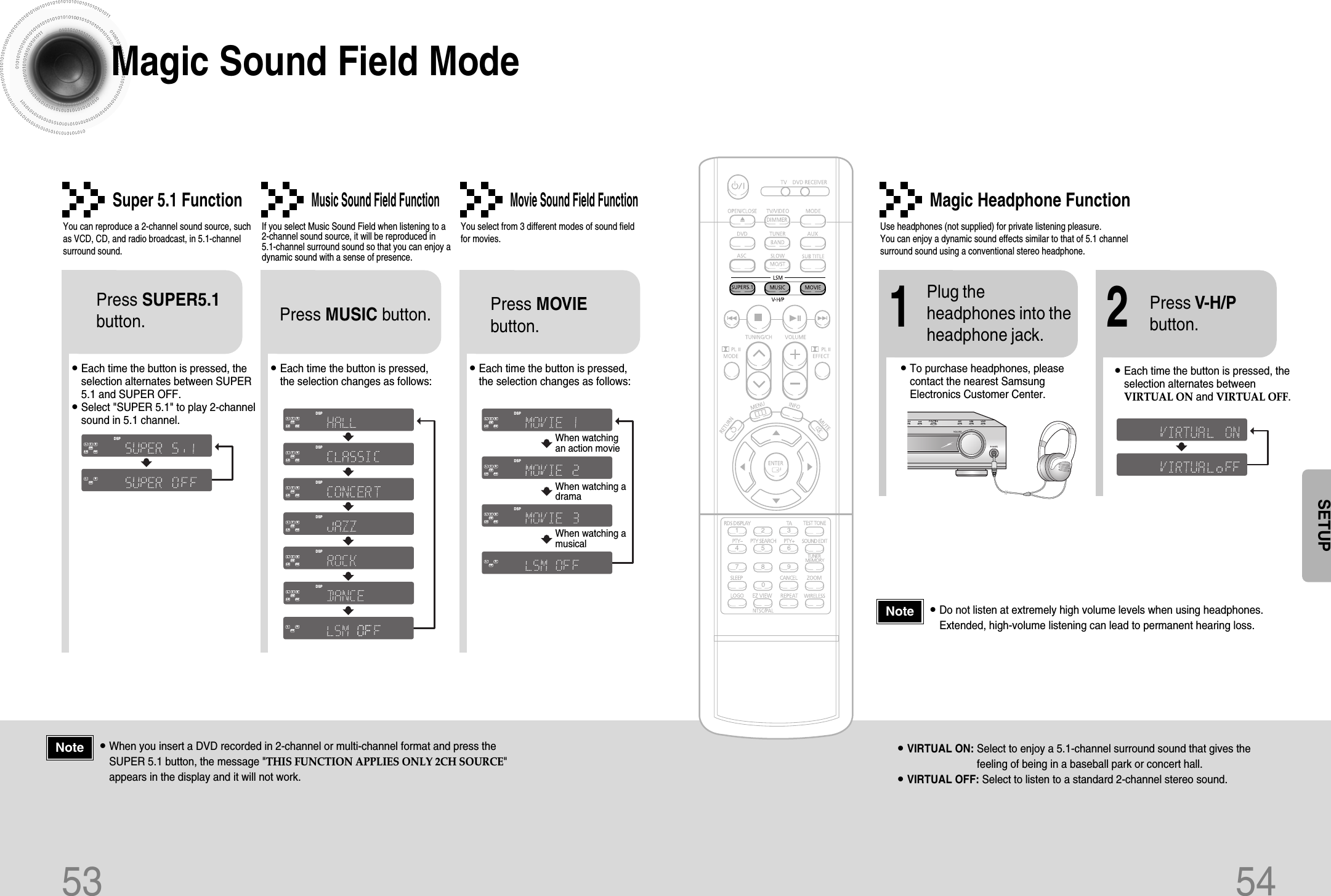 5453DSPCMXLINEAR PCMMPEG-2 AAC MPEGL C RSWLS RSTITLEPBC CHAP PRGM RDS RT TATUNEDkHzMHzSTDSPCMXLINEAR PCMMPEG-2 AAC MPEGL C RSWLS RSRTTA TUNEDkHzMHzSTDSPCMXLINEAR PCMMPEG-2 AAC MPEGL C RSWLS RSTITLE PBCCHAPPRGM RDS RTTA TUNEDkHzMHzSTDSPCMXLINEAR PCMMPEG-2 AAC MPEGL C RSWLS RSTITLE PBCCHAPPRGM RDS RTTA TUNEDkHzMHzSTDSPCMXLINEAR PCMMPEG-2 AAC MPEGL C RSWLS RSTITLE PBCCHAPPRGM RDS RTTA TUNEDkHzMHzSTDSPCMXLINEAR PCMMPEG-2 AAC MPEGL C RSWLS RSTITLE PBCCHAPPRGM RDS RTTA TUNEDkHzMHzSTDSPCMXLINEAR PCMMPEG-2 AAC MPEGLCRSWLS RSTITLE PBCCHAPPRGM RDS RTTA TUNEDkHzMHzSTDSPCMXLINEAR PCMMPEG-2 AAC MPEGL C RSWLS RSTITLEPBC CHAP PRGM TATUNEDkHzMHzSTDSPCMXLINEAR PCMMPEG-2 AAC MPEGL C RSWLS RSTITLEPBC CHAP PRGM RDS RT TATUNEDkHzMHzSTDSPCMXLINEAR PCMMPEG-2 AAC MPEGL C RSWLS RSTITLEPBC CHAP PRGM RDS RT TATUNEDkHzMHzSTCMXLINEAR PCMMPEG-2 AAC MPEGLCRSWLS RSTITLE PBCCHAPPRGM RDS RTTA TUNEDkHzMHzSTMagic Sound Field ModeYou can reproduce a 2-channel sound source, suchas VCD, CD, and radio broadcast, in 5.1-channelsurround sound.Super 5.1 Function•Each time the button is pressed, theselection alternates between SUPER5.1 and SUPER OFF.•Select &quot;SUPER 5.1&quot; to play 2-channelsound in 5.1 channel.Press SUPER5.1button.DSPCMXLINEAR PCMMPEG-2 AAC MPEGL C RSWLS RSTITLEPBC CHAP PRGM RDS RT TATUNEDkHzMHzSTDSPCMXLINEAR PCMMPEG-2 AAC MPEGLCRSWLS RSTITLE PBCCHAPPRGM RDS RTTA TUNEDkHzMHzSTIf you select Music Sound Field when listening to a2-channel sound source, it will be reproduced in5.1-channel surround sound so that you can enjoy adynamic sound with a sense of presence.Music Sound Field Function•Each time the button is pressed,the selection changes as follows:Press MUSIC button.You select from 3 different modes of sound fieldfor movies.Movie Sound Field Function•Each time the button is pressed,the selection changes as follows:When watchingan action movieWhen watching adramaWhen watching amusicalPress MOVIEbutton.Magic Headphone FunctionUse headphones (not supplied) for private listening pleasure.You can enjoy a dynamic sound effects similar to that of 5.1 channelsurround sound using a conventional stereo headphone.ASC LSM V-H/P•To purchase headphones, pleasecontact the nearest SamsungElectronics Customer Center.12•Each time the button is pressed, theselection alternates betweenVIRTUAL ON and VIRTUAL OFF.Plug theheadphones into theheadphone jack.Press V-H/Pbutton.•VIRTUAL ON: Select to enjoy a 5.1-channel surround sound that gives thefeeling of being in a baseball park or concert hall.•VIRTUAL OFF: Select to listen to a standard 2-channel stereo sound.SETUP•When you insert a DVD recorded in 2-channel or multi-channel format and press theSUPER 5.1 button, the message &quot;THIS FUNCTION APPLIES ONLY 2CH SOURCE&quot;appears in the display and it will not work.Note•Do not listen at extremely high volume levels when using headphones.Extended, high-volume listening can lead to permanent hearing loss.Note