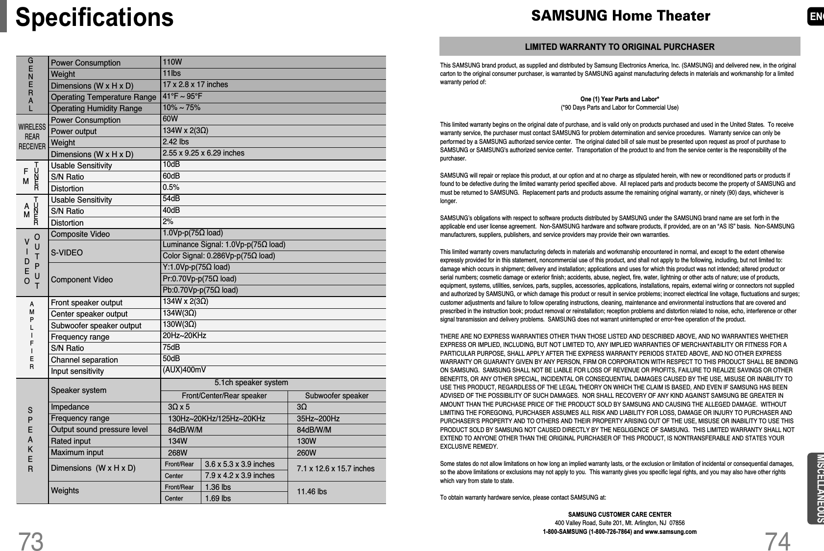 Specifications74ENGMISCELLANEOUS73SAMSUNG Home TheaterLIMITED WARRANTY TO ORIGINAL PURCHASERThis SAMSUNG brand product, as supplied and distributed by Samsung Electronics America, Inc. (SAMSUNG) and delivered new, in the originalcarton to the original consumer purchaser, is warranted by SAMSUNG against manufacturing defects in materials and workmanship for a limitedwarranty period of:One (1) Year Parts and Labor*(*90 Days Parts and Labor for Commercial Use)This limited warranty begins on the original date of purchase, and is valid only on products purchased and used in the United States.  To receivewarranty service, the purchaser must contact SAMSUNG for problem determination and service procedures.  Warranty service can only beperformed by a SAMSUNG authorized service center.  The original dated bill of sale must be presented upon request as proof of purchase toSAMSUNG or SAMSUNG&apos;s authorized service center.  Transportation of the product to and from the service center is the responsibility of thepurchaser.SAMSUNG will repair or replace this product, at our option and at no charge as stipulated herein, with new or reconditioned parts or products iffound to be defective during the limited warranty period specified above.  All replaced parts and products become the property of SAMSUNG andmust be returned to SAMSUNG.  Replacement parts and products assume the remaining original warranty, or ninety (90) days, whichever islonger.SAMSUNG’s obligations with respect to software products distributed by SAMSUNG under the SAMSUNG brand name are set forth in theapplicable end user license agreement.  Non-SAMSUNG hardware and software products, if provided, are on an “AS IS” basis.  Non-SAMSUNGmanufacturers, suppliers, publishers, and service providers may provide their own warranties.This limited warranty covers manufacturing defects in materials and workmanship encountered in normal, and except to the extent otherwiseexpressly provided for in this statement, noncommercial use of this product, and shall not apply to the following, including, but not limited to:damage which occurs in shipment; delivery and installation; applications and uses for which this product was not intended; altered product orserial numbers; cosmetic damage or exterior finish; accidents, abuse, neglect, fire, water, lightning or other acts of nature; use of products,equipment, systems, utilities, services, parts, supplies, accessories, applications, installations, repairs, external wiring or connectors not suppliedand authorized by SAMSUNG, or which damage this product or result in service problems; incorrect electrical line voltage, fluctuations and surges;customer adjustments and failure to follow operating instructions, cleaning, maintenance and environmental instructions that are covered andprescribed in the instruction book; product removal or reinstallation; reception problems and distortion related to noise, echo, interference or othersignal transmission and delivery problems.  SAMSUNG does not warrant uninterrupted or error-free operation of the product.THERE ARE NO EXPRESS WARRANTIES OTHER THAN THOSE LISTED AND DESCRIBED ABOVE, AND NO WARRANTIES WHETHEREXPRESS OR IMPLIED, INCLUDING, BUT NOT LIMITED TO, ANY IMPLIED WARRANTIES OF MERCHANTABILITY OR FITNESS FOR APARTICULAR PURPOSE, SHALL APPLY AFTER THE EXPRESS WARRANTY PERIODS STATED ABOVE, AND NO OTHER EXPRESSWARRANTY OR GUARANTY GIVEN BY ANY PERSON, FIRM OR CORPORATION WITH RESPECT TO THIS PRODUCT SHALL BE BINDINGON SAMSUNG.  SAMSUNG SHALL NOT BE LIABLE FOR LOSS OF REVENUE OR PROFITS, FAILURE TO REALIZE SAVINGS OR OTHERBENEFITS, OR ANY OTHER SPECIAL, INCIDENTAL OR CONSEQUENTIAL DAMAGES CAUSED BY THE USE, MISUSE OR INABILITY TOUSE THIS PRODUCT, REGARDLESS OF THE LEGAL THEORY ON WHICH THE CLAIM IS BASED, AND EVEN IF SAMSUNG HAS BEENADVISED OF THE POSSIBILITY OF SUCH DAMAGES.  NOR SHALL RECOVERY OF ANY KIND AGAINST SAMSUNG BE GREATER INAMOUNT THAN THE PURCHASE PRICE OF THE PRODUCT SOLD BY SAMSUNG AND CAUSING THE ALLEGED DAMAGE.  WITHOUTLIMITING THE FOREGOING, PURCHASER ASSUMES ALL RISK AND LIABILITY FOR LOSS, DAMAGE OR INJURY TO PURCHASER ANDPURCHASER’S PROPERTY AND TO OTHERS AND THEIR PROPERTY ARISING OUT OF THE USE, MISUSE OR INABILITY TO USE THISPRODUCT SOLD BY SAMSUNG NOT CAUSED DIRECTLY BY THE NEGLIGENCE OF SAMSUNG.  THIS LIMITED WARRANTY SHALL NOTEXTEND TO ANYONE OTHER THAN THE ORIGINAL PURCHASER OF THIS PRODUCT, IS NONTRANSFERABLE AND STATES YOUREXCLUSIVE REMEDY.Some states do not allow limitations on how long an implied warranty lasts, or the exclusion or limitation of incidental or consequential damages,so the above limitations or exclusions may not apply to you.  This warranty gives you specific legal rights, and you may also have other rightswhich vary from state to state.To obtain warranty hardware service, please contact SAMSUNG at:SAMSUNG CUSTOMER CARE CENTER400 Valley Road, Suite 201, Mt. Arlington, NJ  078561-800-SAMSUNG (1-800-726-7864) and www.samsung.comGENERALTUNERWIRELESSREARRECEIVERFMTUNERAMOUTPUTVIDEOAMPLIFIERSPEAKERSubwoofer speaker335Hz~200Hz84dB/W/M130W260W7.1 x 12.6 x 15.7 inches11.46 lbsFront/Center/Rear speaker3 x 5130Hz~20KHz/125Hz~20KHz84dB/W/M134W268W3.6 x 5.3 x 3.9 inches7.9 x 4.2 x 3.9 inches1.36 lbs1.69 lbsFront/RearCenterFront/RearCenterPower Consumption Weight Dimensions (W x H x D) Operating Temperature Range Operating Humidity Range Power Consumption Power outputWeight Dimensions (W x H x D) Usable Sensitivity S/N Ratio Distortion Usable Sensitivity S/N Ratio Distortion Composite VideoS-VIDEOComponent Video Front speaker outputCenter speaker outputSubwoofer speaker outputFrequency range S/N Ratio Channel separationInput sensitivitySpeaker systemImpedanceFrequency range Output sound pressure levelRated inputMaximum inputDimensions  (W x H x D) Weights110W11Ibs17 x 2.8 x 17 inches41°F ~ 95°F10% ~ 75%60W134W x 2(3)2.42 Ibs2.55 x 9.25 x 6.29 inches10dB60dB0.5%54dB40dB2%1.0Vp-p(75 load) Luminance Signal: 1.0Vp-p(75 load)Color Signal: 0.286Vp-p(75 load)Y:1.0Vp-p(75 load) Pr:0.70Vp-p(75 load)Pb:0.70Vp-p(75 load) 134W x 2(3)134W(3)130W(3)20Hz~20KHz75dB50dB(AUX)400mV5.1ch speaker system