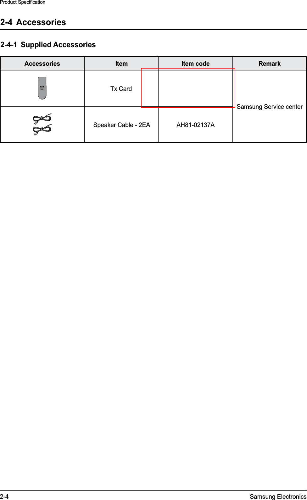 2-4 Samsung ElectronicsProduct Specification2-4 Accessories2-4-1 Supplied AccessoriesAccessories Item Item code RemarkTx CardSamsung Service centerSpeaker Cable - 2EA AH81-02137A