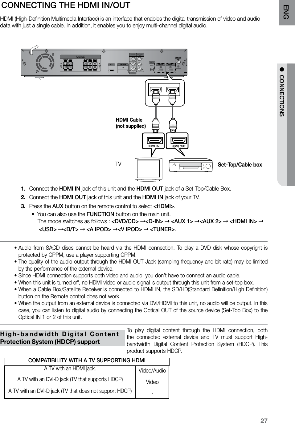 27ENG ●  CONNECTIONSHDMI INTo  play  digital  content  through  the  HDMI  connection,  both  the  connected  external  device  and  TV  must  support  High-bandwidth  Digital  Content  Protection  System  (HDCP).  This product supports HDCP.Set-Top/Cable boxTVHDMI (High-Deﬁnition Multimedia Interface) is an interface that enables the digital transmission of video and audio data with just a single cable. In addition, it enables you to enjoy multi-channel digital audio.CONNECTING THE HDMI IN/OUT•   Audio  from  SACD  discs  cannot  be  heard  via  the  HDMI  connection.  To  play  a  DVD  disk  whose  copyright  is  protected by CPPM, use a player supporting CPPM.•   The quality of the audio output through the HDMI OUT Jack (sampling frequency and bit rate) may be limited by the performance of the external device.•   Since HDMI connection supports both video and audio, you don’t have to connect an audio cable.• When this unit is turned off, no HDMI video or audio signal is output through this unit from a set-top box.•  When a Cable Box/Satellite Receiver is connected to HDMI IN, the SD/HD(Standard Definition/High Definition) button on the Remote control does not work.•  When the output from an external device is connected via DVI/HDMI to this unit, no audio will be output. In this case, you can listen to digital audio by connecting the Optical OUT of the source device (Set-Top Box) to the Optical IN 1 or 2 of this unit.Connect the 1.  HDMI IN jack of this unit and the HDMI OUT jack of a Set-Top/Cable Box.Connect the 2.  HDMI OUT jack of this unit and the HDMI IN jack of your TV.Press the 3.  AUX button on the remote control to select &lt;HDMI&gt;.                                       •  You can also use the FUNCTION button on the main unit.   The mode switches as follows : &lt;DVD/CD&gt; ➞&lt;D-IN&gt; ➞ &lt;AUX 1&gt; ➞&lt;AUX 2&gt; ➞ &lt;HDMI IN&gt; ➞      &lt;USB&gt; ➞&lt;B/T&gt; ➞ &lt;A IPOD&gt; ➞&lt;V IPOD&gt; ➞ &lt;TUNER&gt;.   High-bandwidth  Digital  Content Protection System (HDCP) supportHDMI Cable(not supplied)A TV with an HDMI jack.A TV with an DVI-D jack (TV that supports HDCP)A TV with an DVI-D jack (TV that does not support HDCP)COMPATIBILITY WITH A TV SUPPORTING HDMIVideo/AudioVideo-