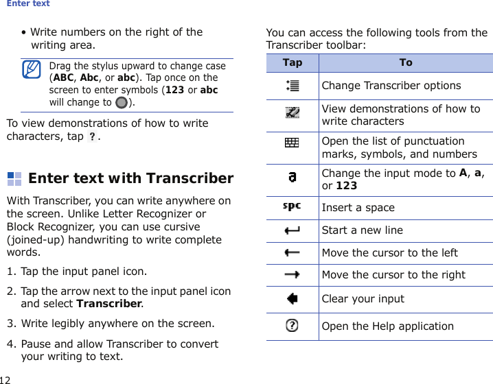 Enter text12• Write numbers on the right of the writing area.To view demonstrations of how to write characters, tap  .Enter text with TranscriberWith Transcriber, you can write anywhere on the screen. Unlike Letter Recognizer or Block Recognizer, you can use cursive (joined-up) handwriting to write complete words.1. Tap the input panel icon.2. Tap the arrow next to the input panel icon and select Transcriber.3. Write legibly anywhere on the screen.4. Pause and allow Transcriber to convert your writing to text.You can access the following tools from the Transcriber toolbar:Drag the stylus upward to change case (ABC, Abc, or abc). Tap once on the screen to enter symbols (123 or abc will change to  ).Tap ToChange Transcriber optionsView demonstrations of how to write charactersOpen the list of punctuation marks, symbols, and numbersChange the input mode to A, a, or 123Insert a spaceStart a new lineMove the cursor to the leftMove the cursor to the rightClear your inputOpen the Help application