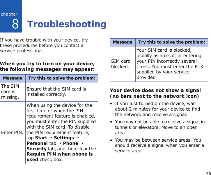 458TroubleshootingIf you have trouble with your device, try these procedures before you contact a service professional.When you try to turn on your device, the following messages may appear:Your device does not show a signal (no bars next to the network icon)• If you just turned on the device, wait about 2 minutes for your device to find the network and receive a signal.• You may not be able to receive a signal in tunnels or elevators. Move to an open area.• You may be between service areas. You should receive a signal when you enter a service area.Message Try this to solve the problem:The SIM card is missing.Ensure that the SIM card is installed correctly.Enter PIN.When using the device for the first time or when the PIN requirement feature is enabled, you must enter the PIN supplied with the SIM card. To disable the PIN requirement feature, tap Start → Settings → Personal tab → Phone → Security tab, and then clear the Require PIN when phone is used check box.SIM card blocked.Your SIM card is blocked, usually as a result of entering your PIN incorrectly several times. You must enter the PUK supplied by your service provider.Message Try this to solve the problem: