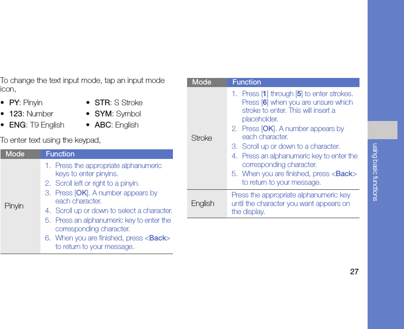 27using basic functionsTo change the text input mode, tap an input mode icon,To enter text using the keypad,•PY: Pinyin • STR: S Stroke•123: Number • SYM: Symbol•ENG: T9 English • ABC: EnglishMode FunctionPinyin1. Press the appropriate alphanumeric keys to enter pinyins.2. Scroll left or right to a pinyin.3. Press [OK]. A number appears by each character.4. Scroll up or down to select a character.5. Press an alphanumeric key to enter the corresponding character.6. When you are finished, press &lt;Back&gt; to return to your message.Stroke1. Press [1] through [5] to enter strokes. Press [6] when you are unsure which stroke to enter. This will insert a placeholder.2. Press [OK]. A number appears by each character.3. Scroll up or down to a character.4. Press an alphanumeric key to enter the corresponding character.5. When you are finished, press &lt;Back&gt; to return to your message.EnglishPress the appropriate alphanumeric key until the character you want appears on the display.Mode Function