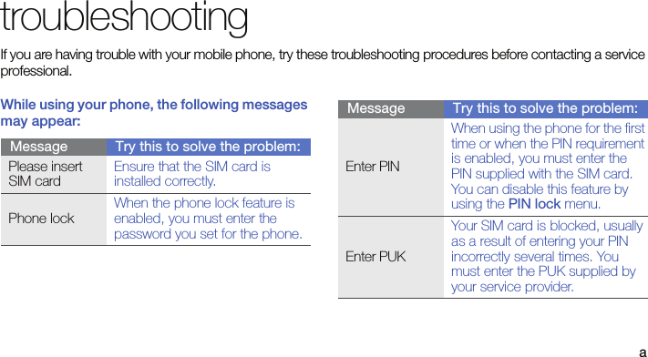 atroubleshootingIf you are having trouble with your mobile phone, try these troubleshooting procedures before contacting a service professional.While using your phone, the following messages may appear:Message Try this to solve the problem:Please insert SIM cardEnsure that the SIM card is installed correctly.Phone lockWhen the phone lock feature is enabled, you must enter the password you set for the phone.Enter PINWhen using the phone for the first time or when the PIN requirement is enabled, you must enter the PIN supplied with the SIM card. You can disable this feature by using the PIN lock menu.Enter PUKYour SIM card is blocked, usually as a result of entering your PIN incorrectly several times. You must enter the PUK supplied by your service provider. Message Try this to solve the problem: