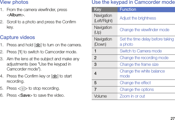 27View photos1. From the camera viewfinder, press &lt;Album&gt;.2. Scroll to a photo and press the Confirm key.Capture videos1. Press and hold [ ] to turn on the camera.2. Press [1] to switch to Camcorder mode.3. Aim the lens at the subject and make any adjustments (see &quot;Use the keypad in Camcorder mode&quot;).4. Press the Confirm key or [ ] to start recording.5. Press &lt; &gt; to stop recording.6. Press &lt;Save&gt; to save the video.Use the keypad in Camcorder modeKey FunctionNavigation (Left/Right) Adjust the brightnessNavigation (Up) Change the viewfinder modeNavigation (Down)Set the time delay before taking a photo1Switch to Camera mode2Change the recording mode3Change the frame size4Change the white balance mode5Change the effect7Change the optionsVolume Zoom in or out