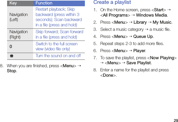 298. When you are finished, press &lt;Menu&gt; → Stop.Create a playlist1. On the Home screen, press &lt;Start&gt; → &lt;All Programs&gt; → Windows Media.2. Press &lt;Menu&gt; → Library → My Music.3. Select a music category → a music file.4. Press &lt;Menu&gt; → Queue Up.5. Repeat steps 2-3 to add more files.6. Press &lt;Menu&gt; → Player.7. To save the playlist, press &lt;Now Playing&gt; → &lt;Menu&gt; → Save Playlist.8. Enter a name for the playlist and press &lt;Done&gt;.Navigation (Left)Restart playback; Skip backward (press within 3 seconds); Scan backward in a file (press and hold)Navigation (Right)Skip forward; Scan forward in a file (press and hold)0Switch to the full screen view (video file only)Turn the sound on and offKey Function