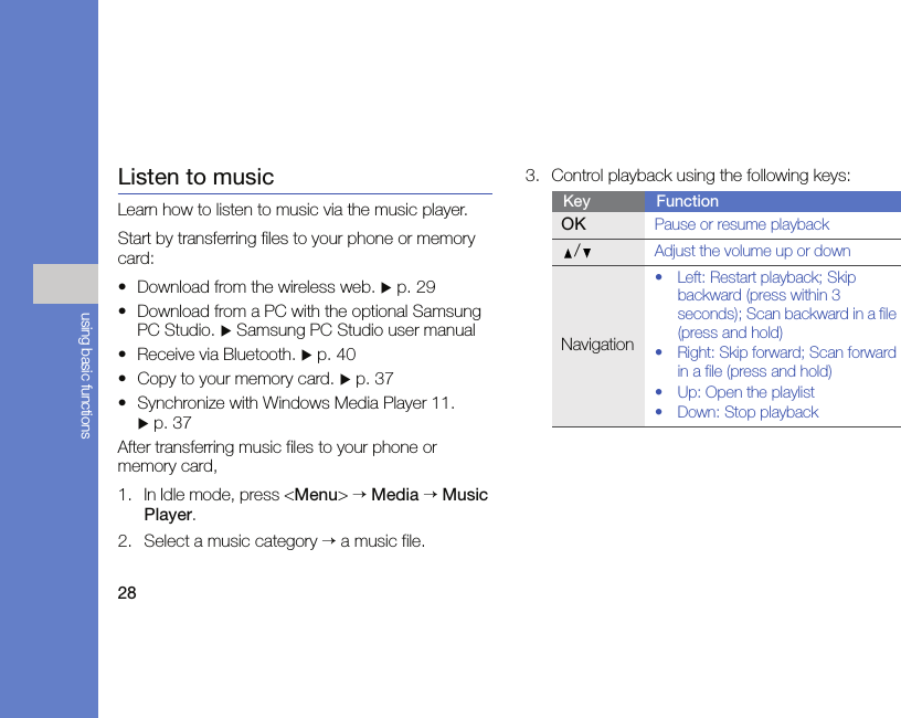 28using basic functionsListen to musicLearn how to listen to music via the music player.Start by transferring files to your phone or memory card:• Download from the wireless web. X p. 29• Download from a PC with the optional Samsung PC Studio. X Samsung PC Studio user manual• Receive via Bluetooth. X p. 40• Copy to your memory card. X p. 37• Synchronize with Windows Media Player 11. X p. 37After transferring music files to your phone or memory card,1. In Idle mode, press &lt;Menu&gt; → Media → Music Player.2. Select a music category → a music file.3. Control playback using the following keys:Key FunctionOKPause or resume playback/Adjust the volume up or downNavigation• Left: Restart playback; Skip backward (press within 3 seconds); Scan backward in a file (press and hold)• Right: Skip forward; Scan forward in a file (press and hold)•Up: Open the playlist• Down: Stop playback