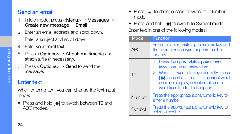 24using basic functionsSend an email1. In Idle mode, press &lt;Menu&gt; → Messages → Create new message → Email.2. Enter an email address and scroll down.3. Enter a subject and scroll down.4. Enter your email text.5. Press &lt;Options&gt; → Attach multimedia and attach a file (if necessary).6. Press &lt;Options&gt; → Send to send the message.Enter textWhen entering text, you can change the text input mode:• Press and hold [ ] to switch between T9 and ABC modes.• Press [ ] to change case or switch to Number mode.• Press and hold [ ] to switch to Symbol mode.Enter text in one of the following modes:Mode FunctionABCPress the appropriate alphanumeric key until the character you want appears on the display.T91. Press the appropriate alphanumeric keys to enter an entire word.2. When the word displays correctly, press [ ] to insert a space. If the correct word does not display, select an alternate word from the list that appears.NumberPress the appropriate alphanumeric key to enter a number.SymbolPress the appropriate alphanumeric key to select a symbol.