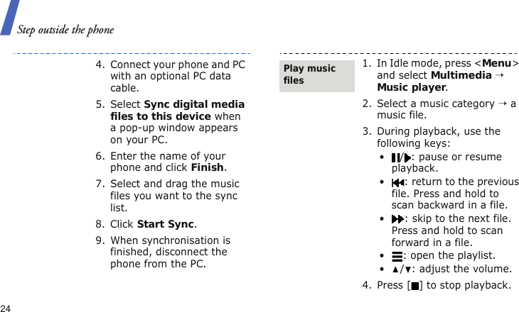 Step outside the phone244. Connect your phone and PC with an optional PC data cable.5. Select Sync digital media files to this device when a pop-up window appears on your PC.6. Enter the name of your phone and click Finish.7. Select and drag the music files you want to the sync list.8. Click Start Sync.9. When synchronisation is finished, disconnect the phone from the PC.1. In Idle mode, press &lt;Menu&gt; and select Multimedia → Music player.2. Select a music category → a music file.3. During playback, use the following keys:•/: pause or resume playback.• : return to the previous file. Press and hold to scan backward in a file.• : skip to the next file. Press and hold to scan forward in a file.• : open the playlist.•/: adjust the volume.4. Press [ ] to stop playback.Play music files