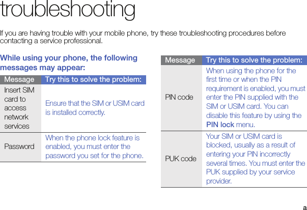 atroubleshootingIf you are having trouble with your mobile phone, try these troubleshooting procedures before contacting a service professional.While using your phone, the following messages may appear:Message Try this to solve the problem:Insert SIM card to access network servicesEnsure that the SIM or USIM card is installed correctly.PasswordWhen the phone lock feature is enabled, you must enter the password you set for the phone.PIN codeWhen using the phone for the first time or when the PIN requirement is enabled, you must enter the PIN supplied with the SIM or USIM card. You can disable this feature by using the PIN lock menu.PUK codeYour SIM or USIM card is blocked, usually as a result of entering your PIN incorrectly several times. You must enter the PUK supplied by your service provider. Message Try this to solve the problem: