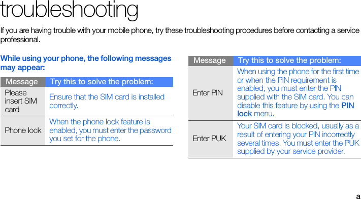 atroubleshootingIf you are having trouble with your mobile phone, try these troubleshooting procedures before contacting a service professional.While using your phone, the following messages may appear:Message Try this to solve the problem:Please insert SIM cardEnsure that the SIM card is installed correctly.Phone lockWhen the phone lock feature is enabled, you must enter the password you set for the phone.Enter PINWhen using the phone for the first time or when the PIN requirement is enabled, you must enter the PIN supplied with the SIM card. You can disable this feature by using the PIN lock menu.Enter PUKYour SIM card is blocked, usually as a result of entering your PIN incorrectly several times. You must enter the PUK supplied by your service provider. Message Try this to solve the problem: