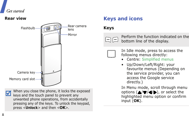 Get started8Rear viewKeys and iconsKeysWhen you close the phone, it locks the exposed keys and the touch panel to prevent any unwanted phone operations, from accidentally pressing any of the keys. To unlock the keypad, press &lt;Unlock&gt; and then &lt;OK&gt;.Rear camera lensCamera keyFlashbulbMemory card slotMirrorPerform the function indicated on the bottom line of the display.In Idle mode, press to access the following menus directly:• Centre: Simplified menus• Up/Down/Left/Right: your favourite menus (Depending on the service provider, you can access the Google service directly.)In Menu mode, scroll through menu options ( / / / ), or select the highlighted menu option or confirm input (OK).