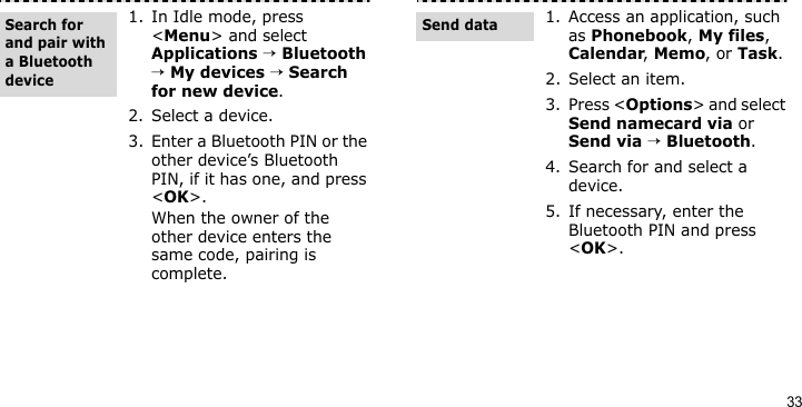 331. In Idle mode, press &lt;Menu&gt; and select Applications → Bluetooth → My devices → Search for new device.2. Select a device.3. Enter a Bluetooth PIN or the other device’s Bluetooth PIN, if it has one, and press &lt;OK&gt;.When the owner of the other device enters the same code, pairing is complete.Search for and pair with a Bluetooth device1. Access an application, such as Phonebook, My files, Calendar, Memo, or Task.2. Select an item.3. Press &lt;Options&gt; and select Send namecard via or Send via → Bluetooth.4. Search for and select a device.5. If necessary, enter the Bluetooth PIN and press &lt;OK&gt;.Send data