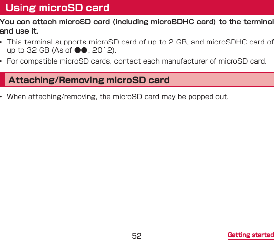  Getting startedUsing microSD card  Attaching/Removing microSD card 