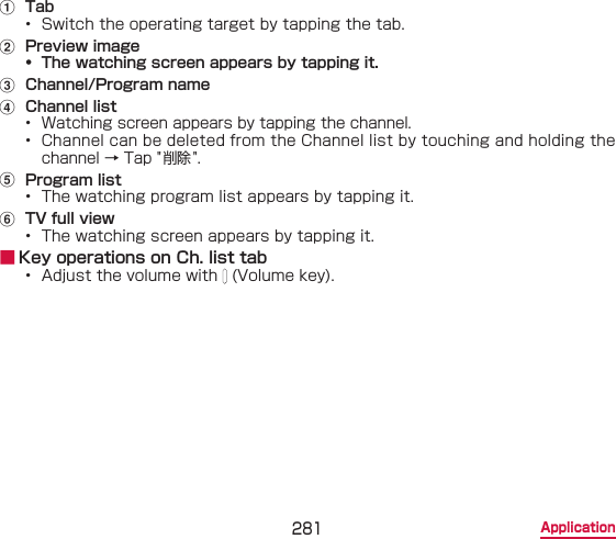 281 Applicationa  Tab•  Switch the operating target by tapping the tab.b  Preview image•  The watching screen appears by tapping it.c  Channel/Program named  Channel list•  Watching screen appears by tapping the channel.•  Channel can be deleted from the Channel list by touching and holding the channel → Tap &quot;削除&quot;.e  Program list•  The watching program list appears by tapping it.f  TV full view•  The watching screen appears by tapping it. ■ Key operations on Ch. list tab•  Adjust the volume with   (Volume key).