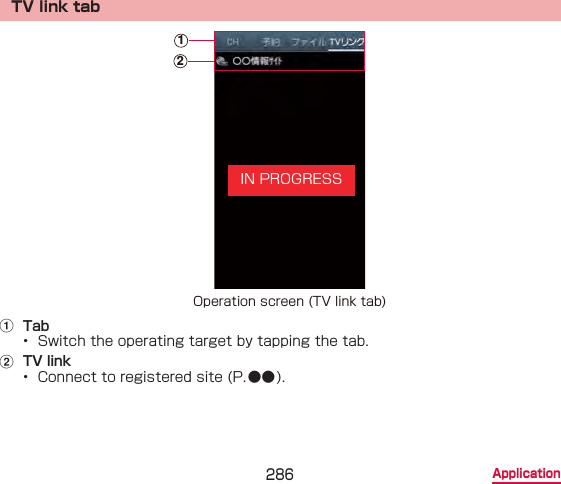 286 ApplicationTV link tab21Operation screen (TV link tab)a  Tab•  Switch the operating target by tapping the tab.b  TV link•  Connect to registered site (P. ●● ).IN PROGRESS